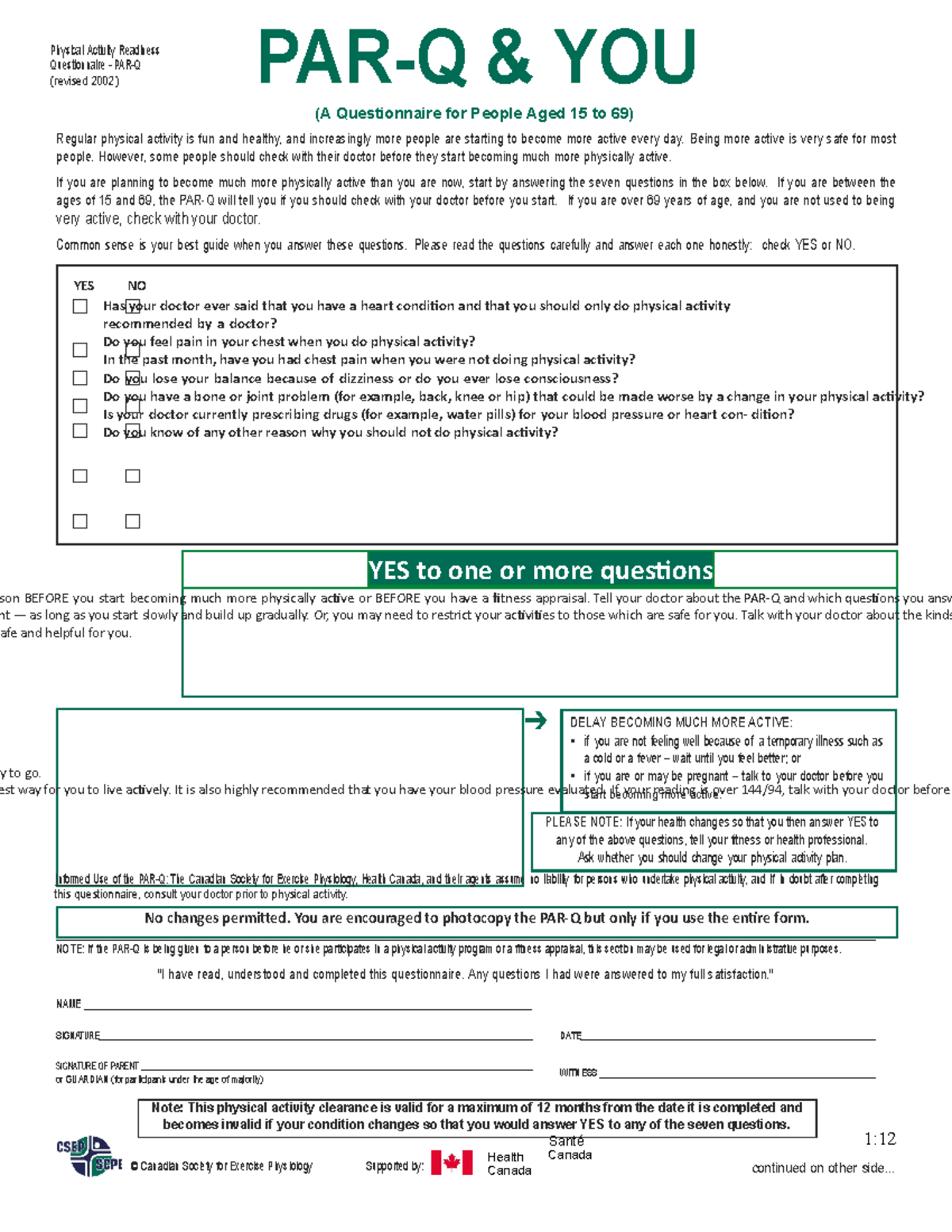 PAR-Q Form: Physical Activity Readiness Questionnaire (Revised 2002 ...