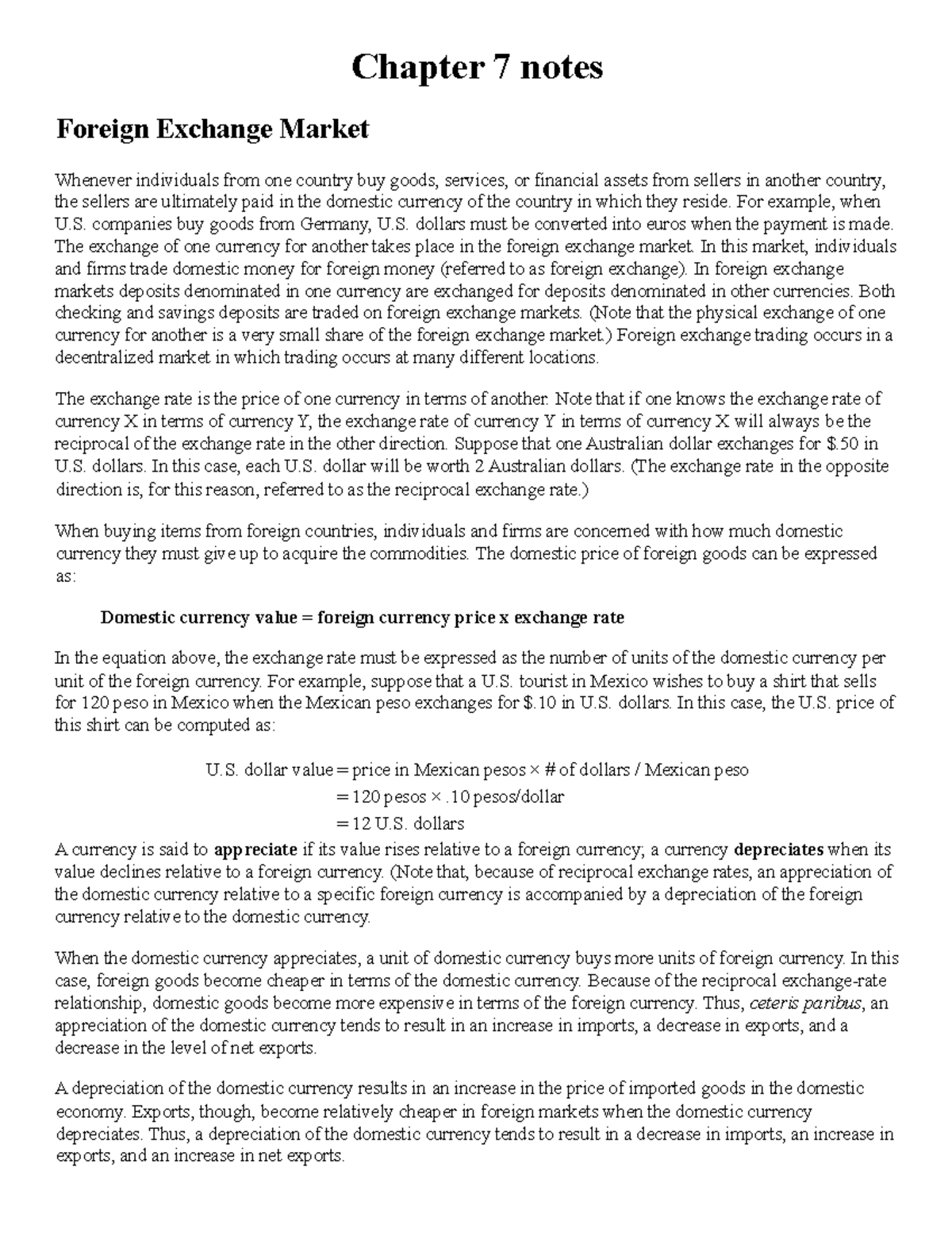 Macroeconomics - Chapter 7 - Chapter 7 notes Foreign Exchange Market ...