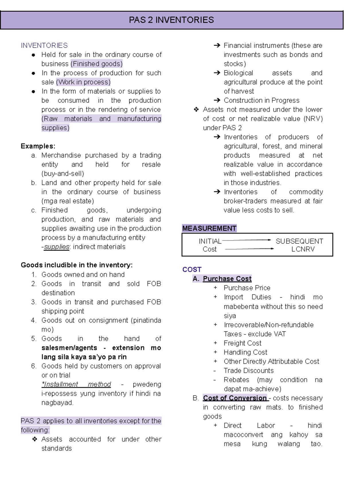 PAS 2 INVENTORIES: Comprehensive Notes on Measurement and Disclosure ...