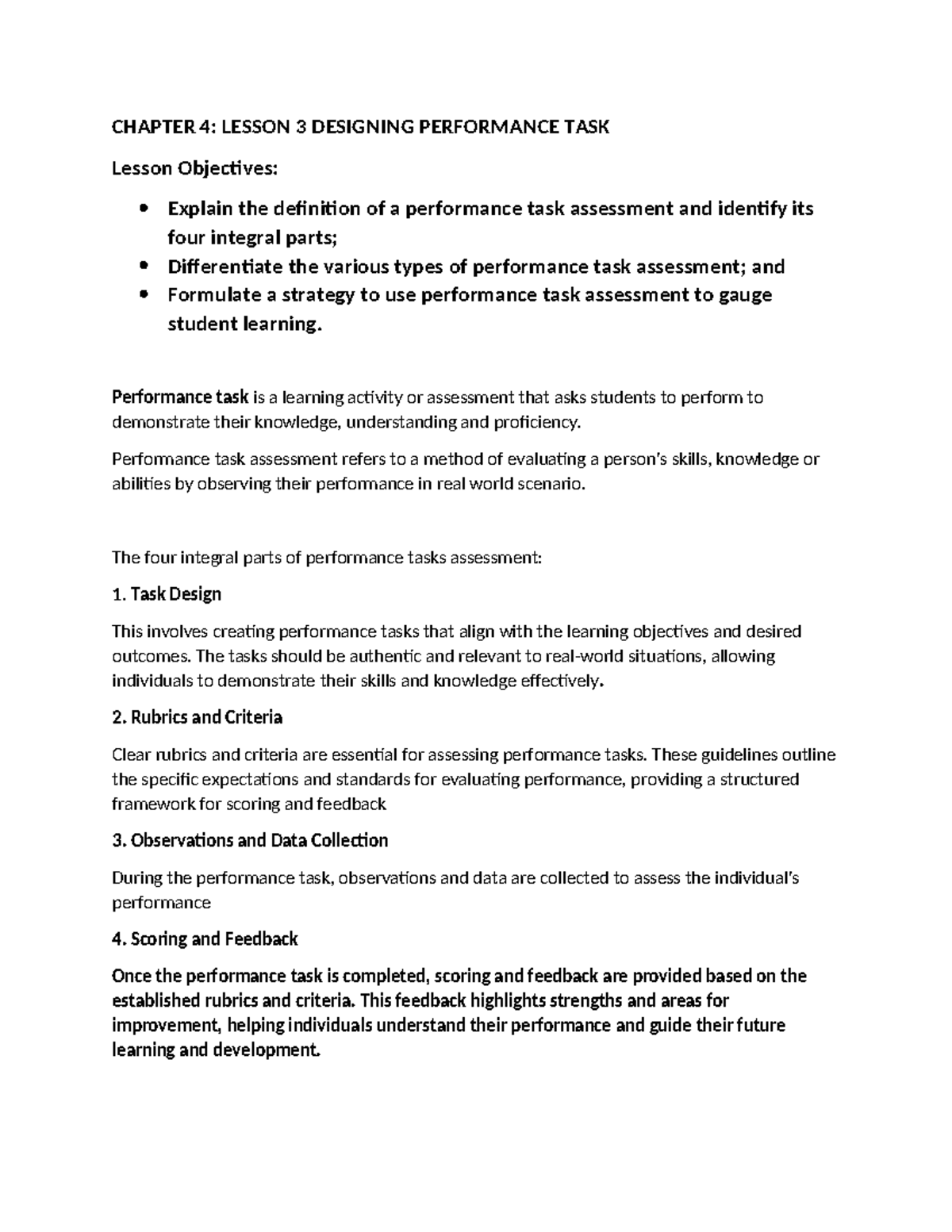 CH1612: Lesson 3 - Designing Performance Task Assessments - Studocu