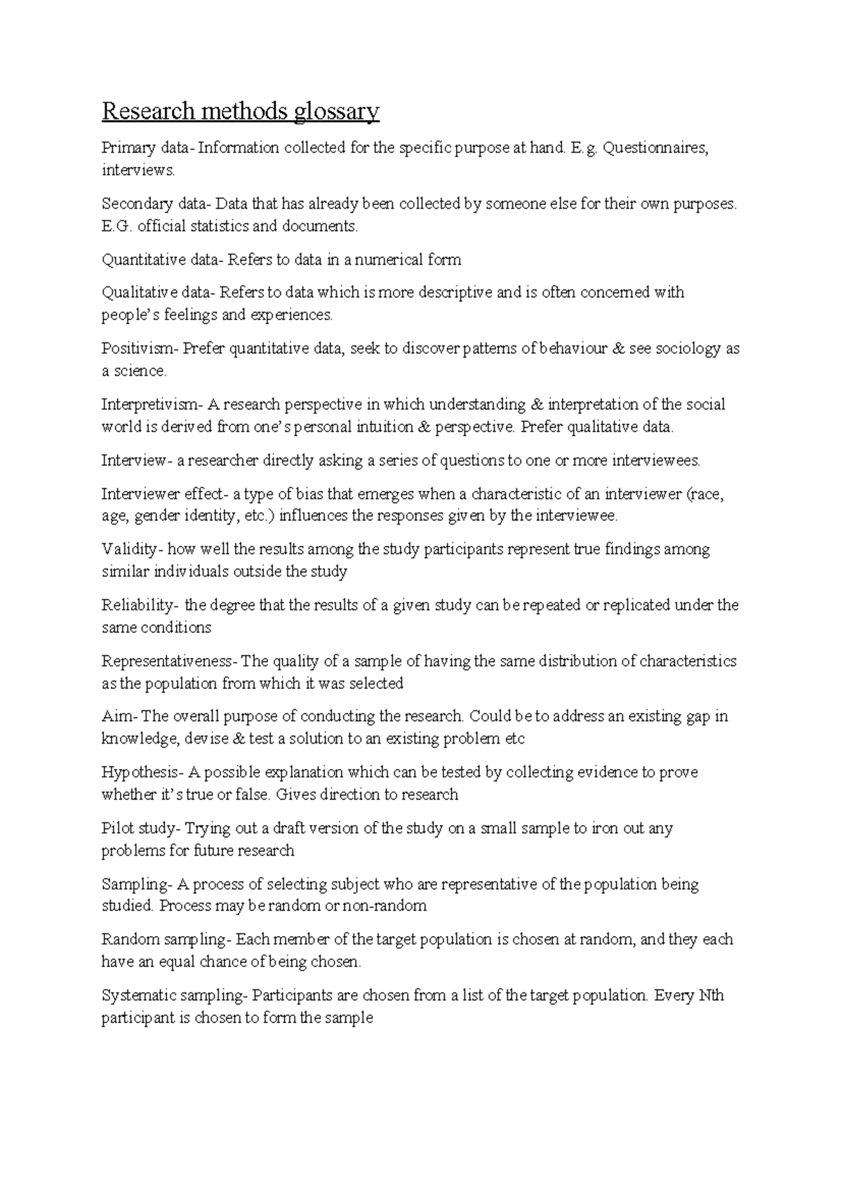 Research Methods Glossary for AS/A-Level Sociology Students - Studocu