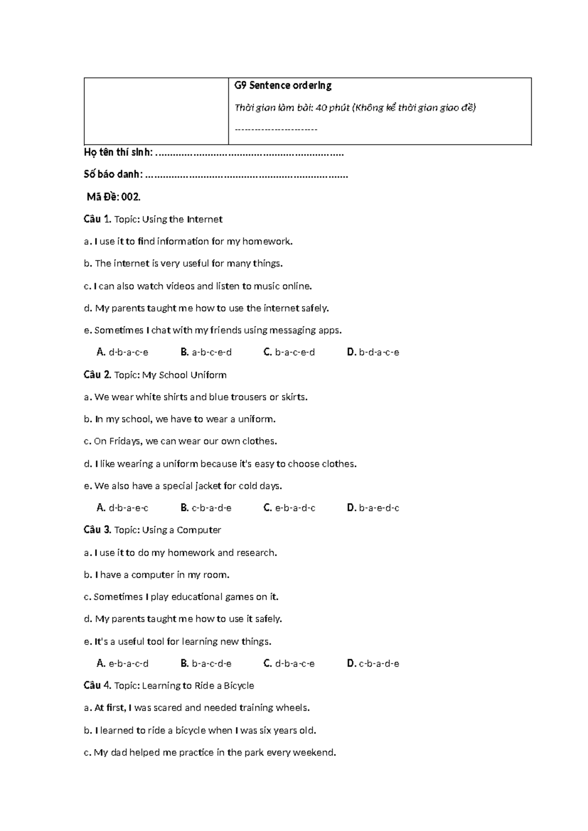 G9 Sentence Ordering Practice - Đề Luyện 002 - Studocu
