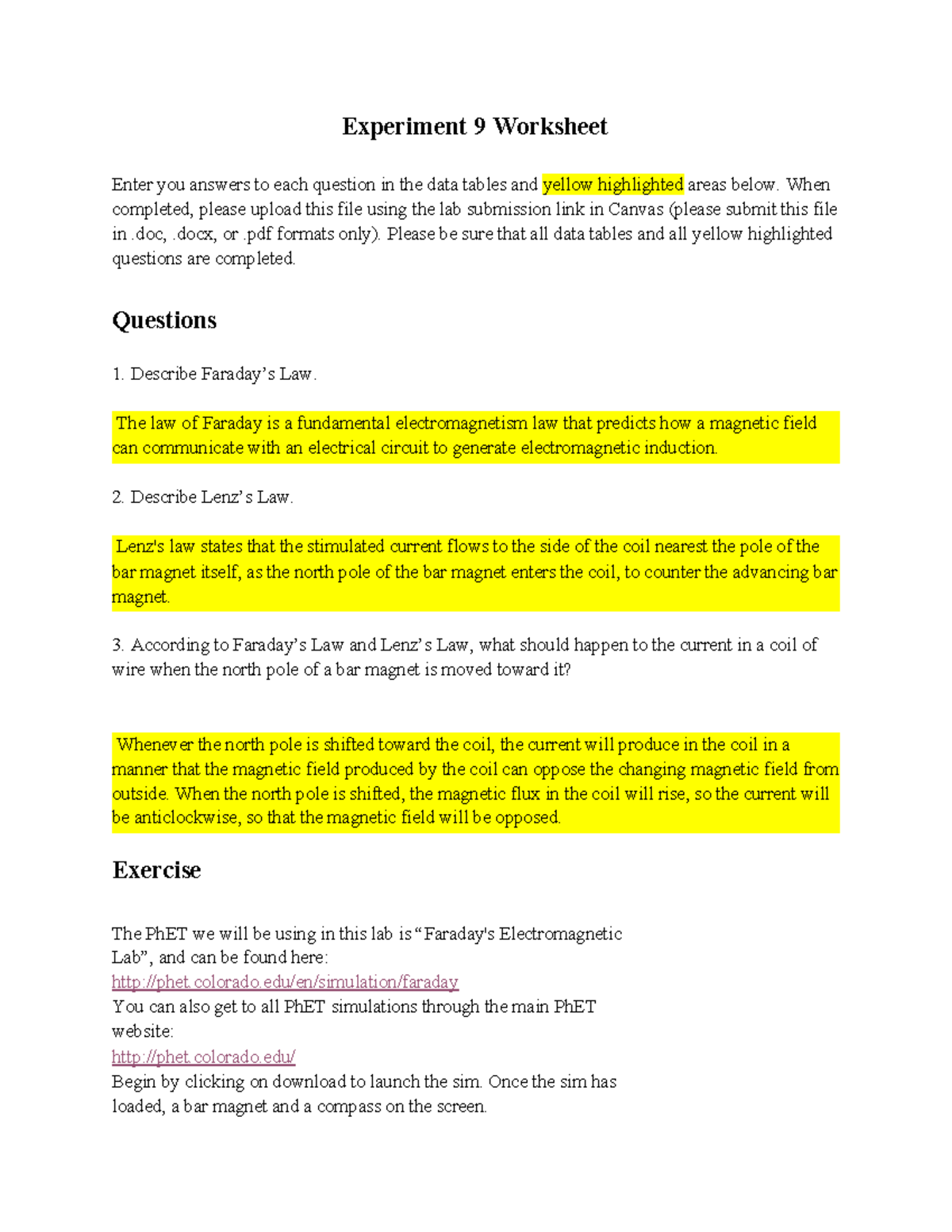 Phys 2426 Experiment 9: Electromagnetic Induction Worksheet - Studocu