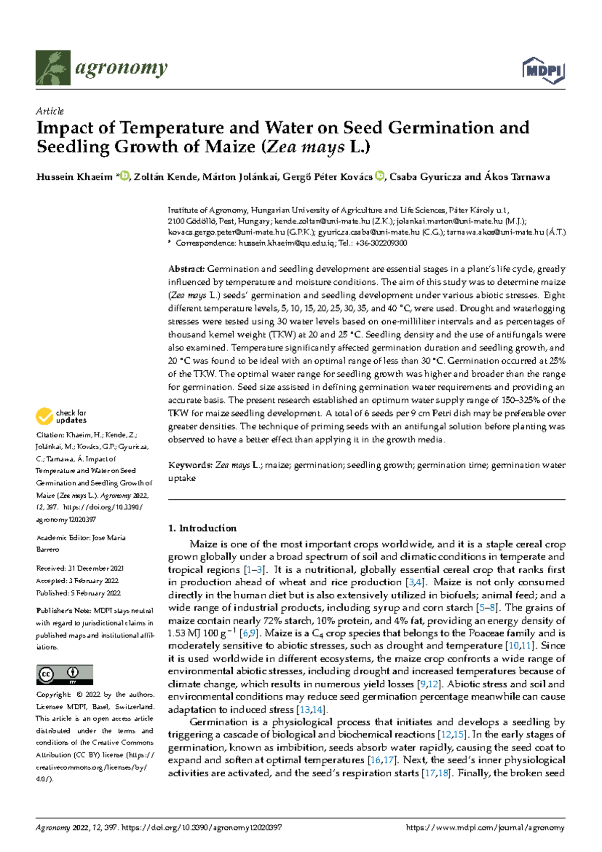 Impact of Temperature and Water on Maize Seed Germination and Growth ...