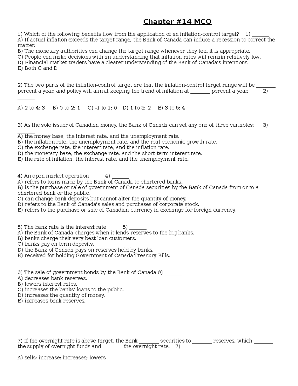 Chapter 14: MCQ on Inflation Control and Monetary Policy - Studocu