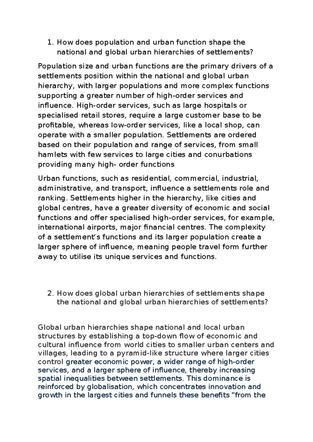 Urban Settlements and Global Hierarchies: SA Analysis - Studocu