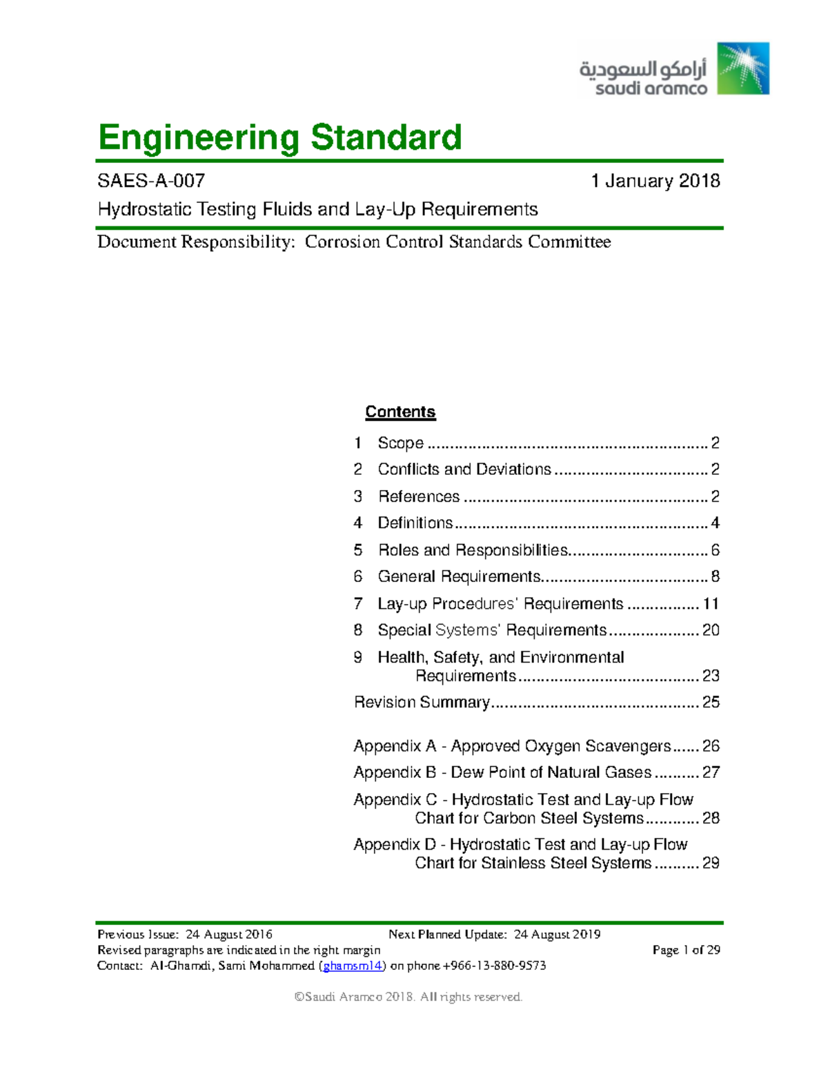 SAES-A-007: Hydrostatic Testing Fluids & Requirements (2018) - Studocu