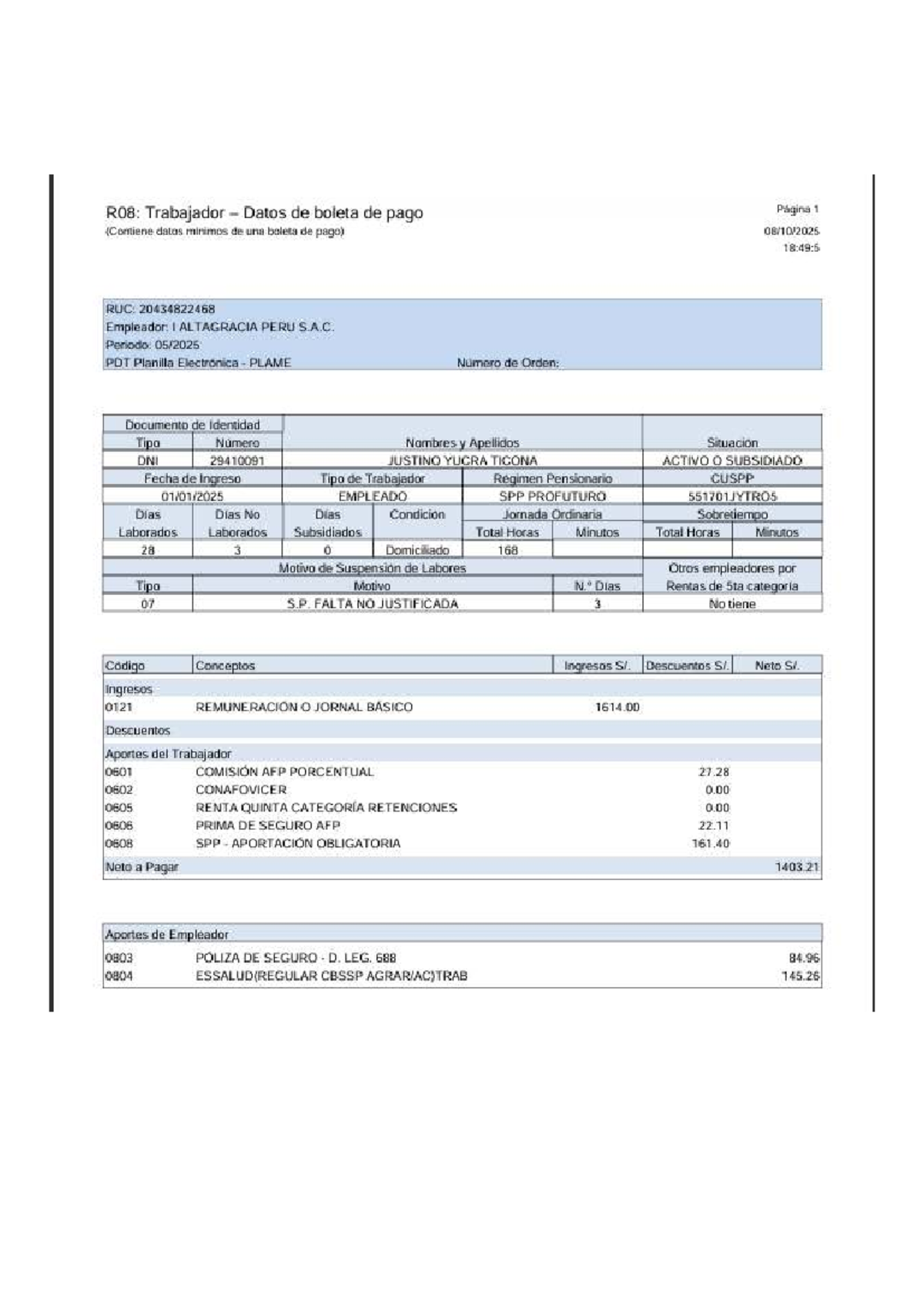 R08: Boletas PLAME - Datos de Pago y Descuentos Laborales - Studocu