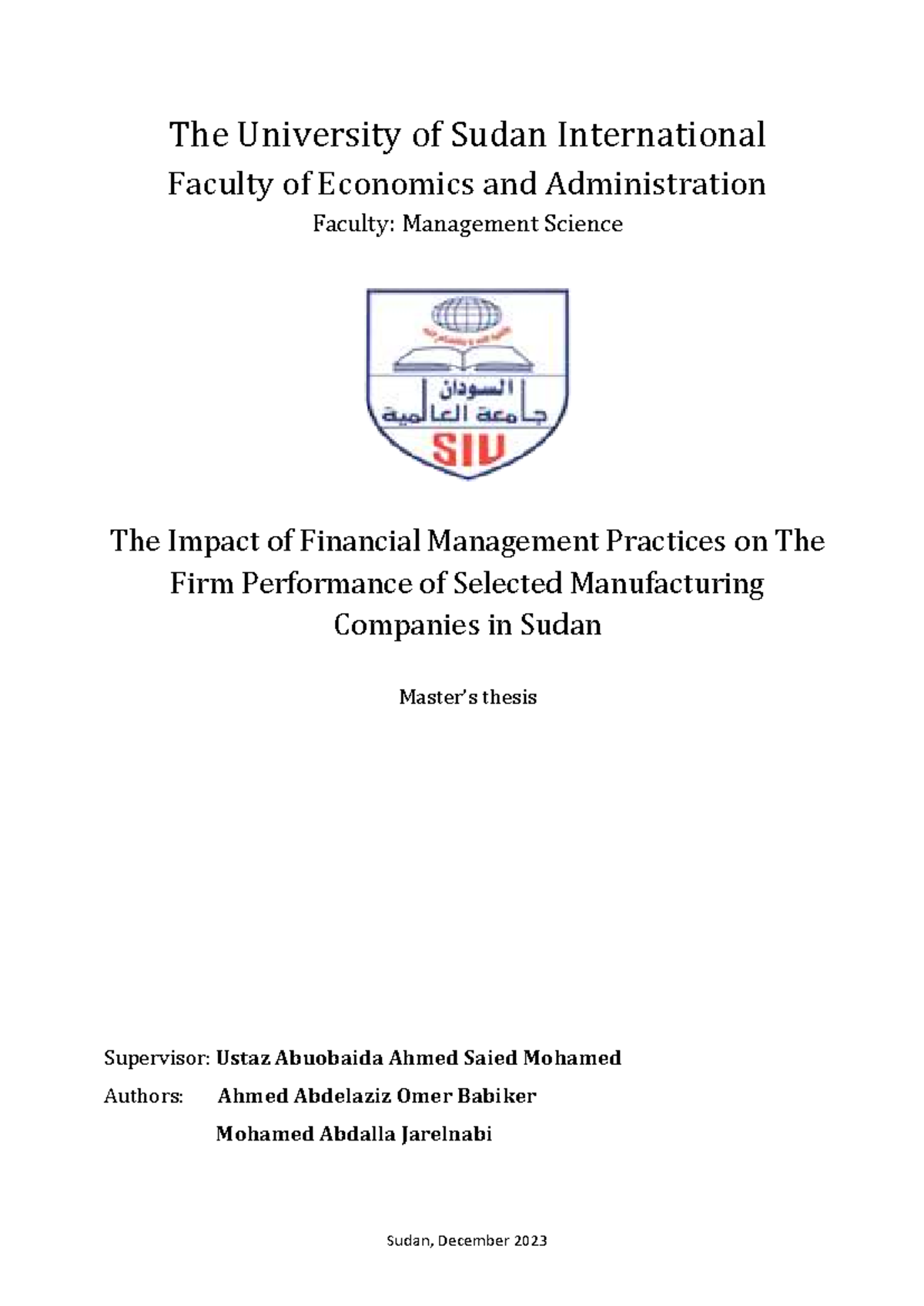 The Impact of Financial Management on Firm Performance in Sudan (FIN ...