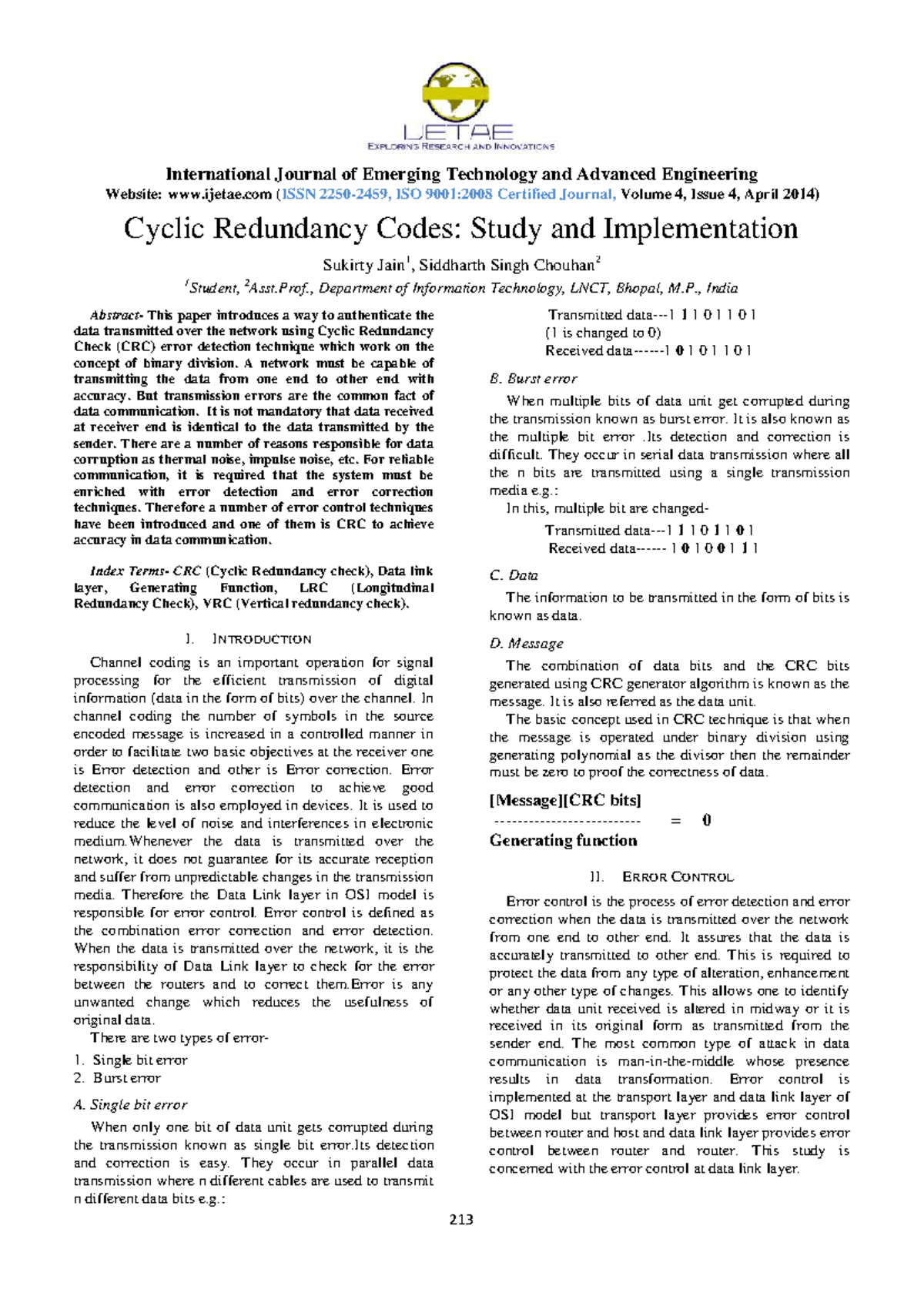 CRC Error Detection Technique: Study and Implementation (IT 101) - Studocu