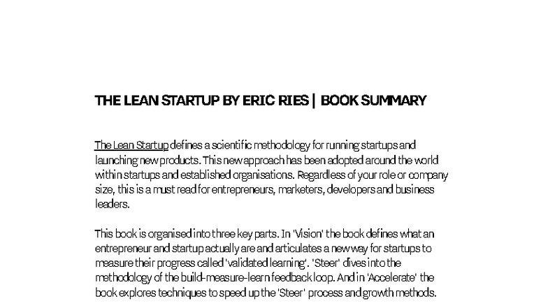 The Lean Startup (Entrepreneurship) - Key Concepts & Summary - Studocu