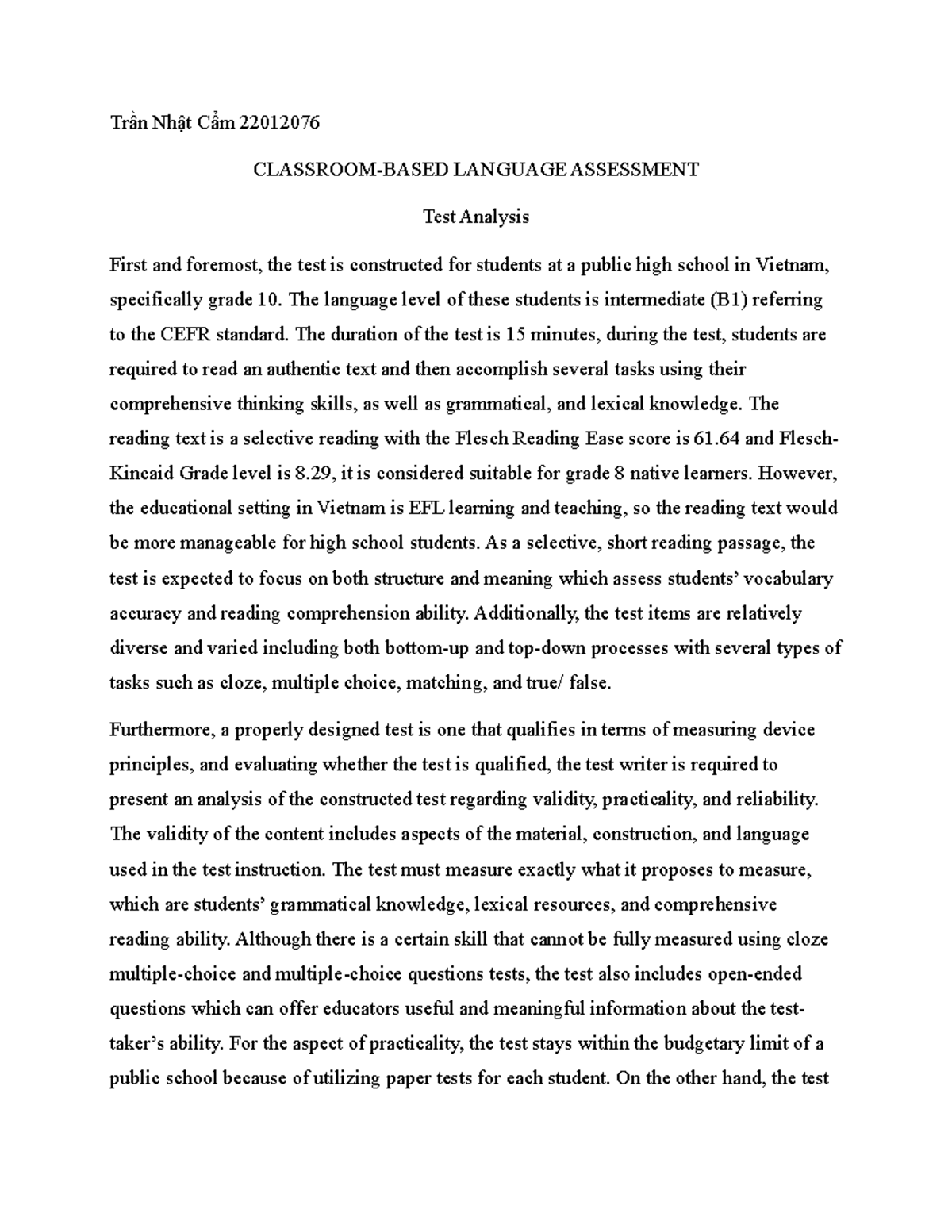 Classroom-Based Assessment Midterm Analysis for Grade 10 EFL Students ...