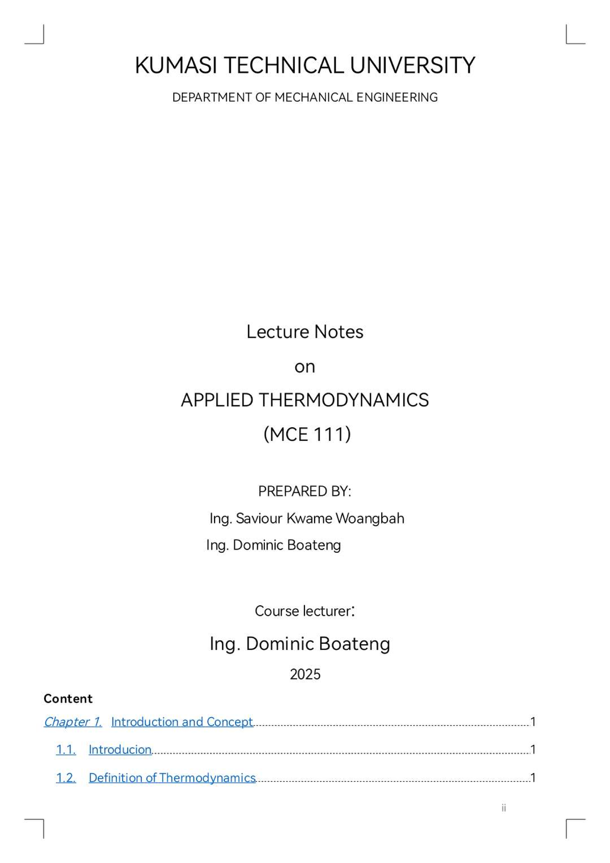 KUMASI TECHNICAL UNIVERSITY MCE Lecture Notes on Applied Thermodynamics ...