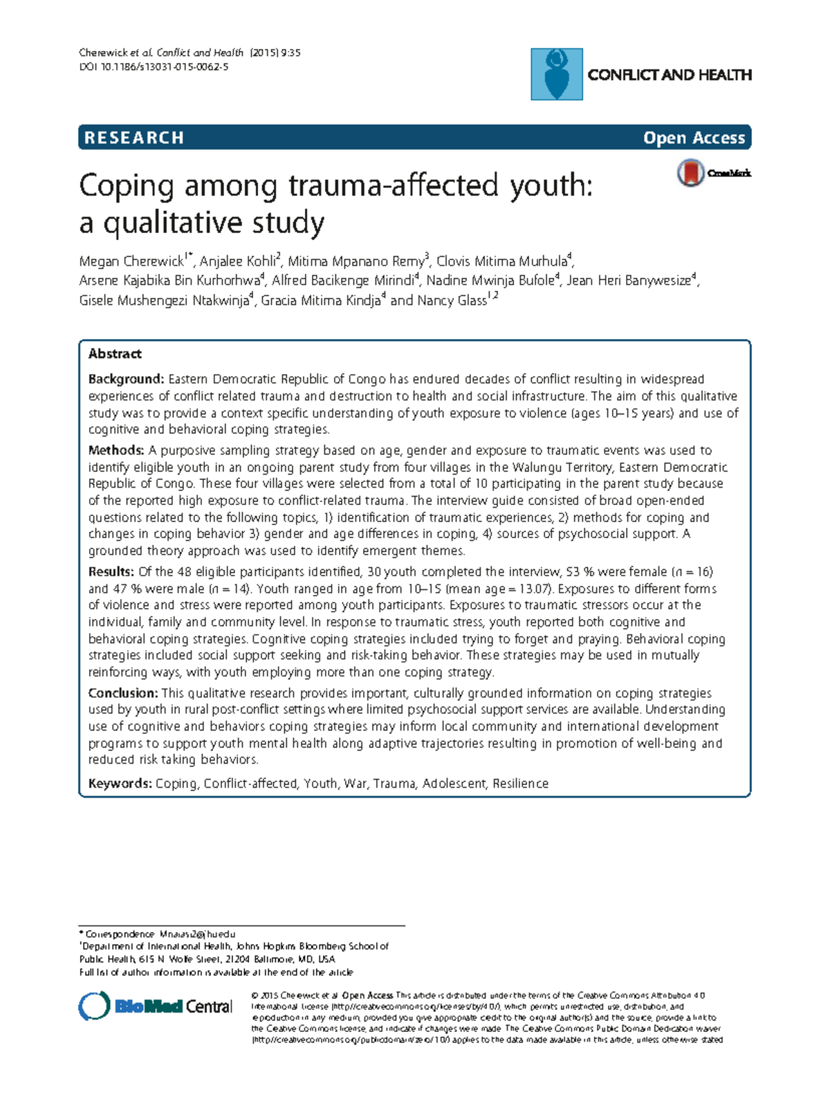 Coping Strategies Among Youth in Conflict: A Qualitative Study in DRC ...