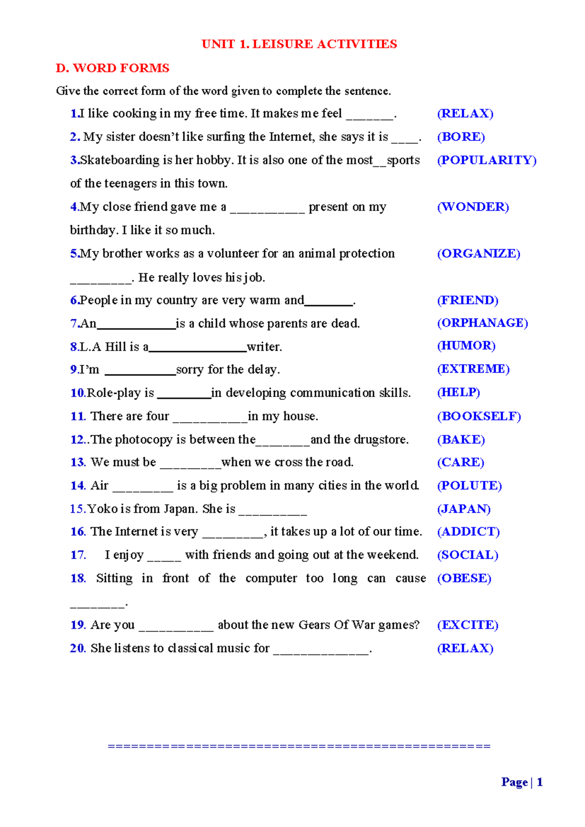 WORD FORMS E8 (UNIT 1-6) - Complete the Sentences with Correct Forms ...