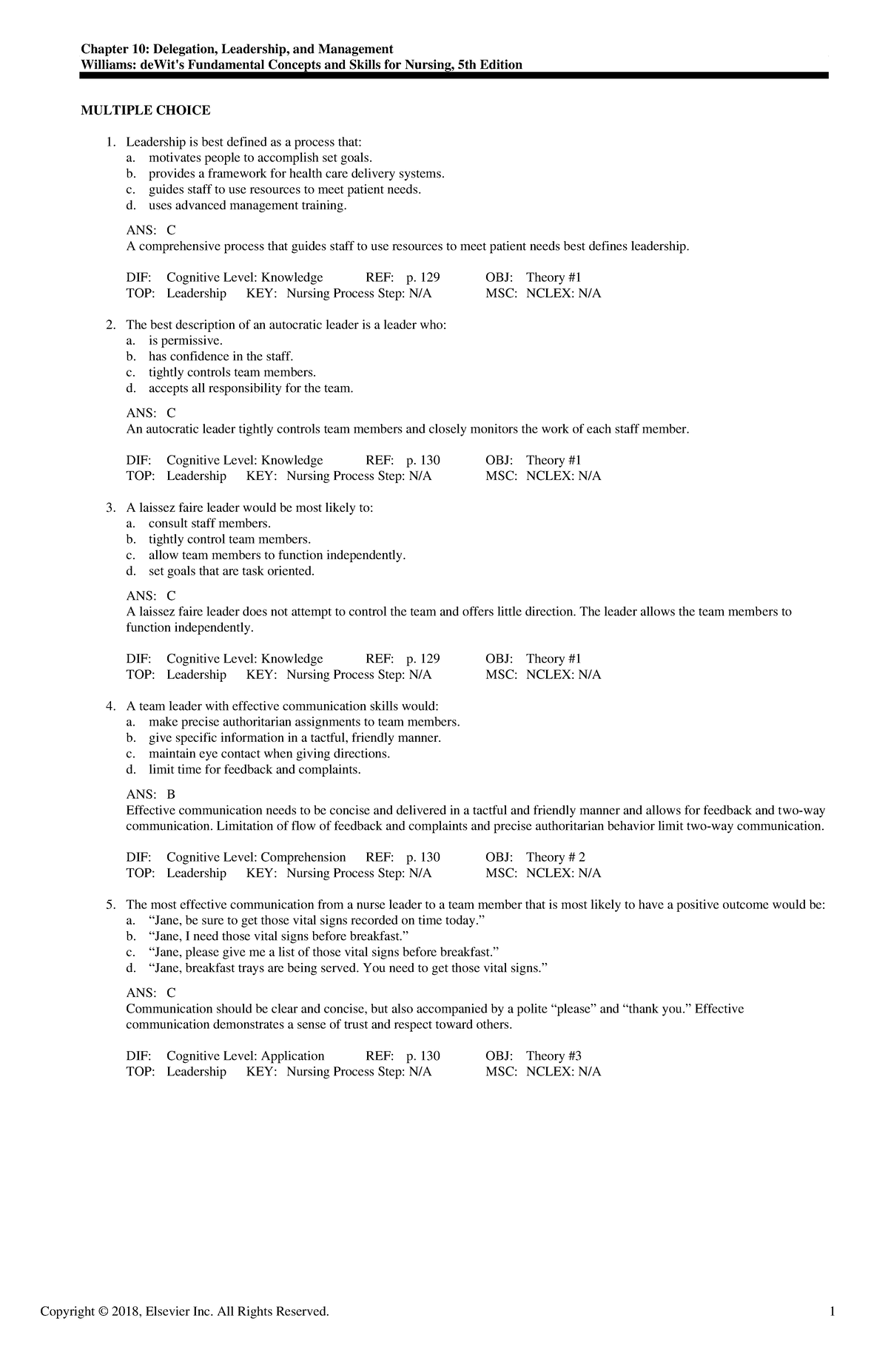 Exam View - Nursing Leadership and Delegation - Ch 10 Notes - Studocu