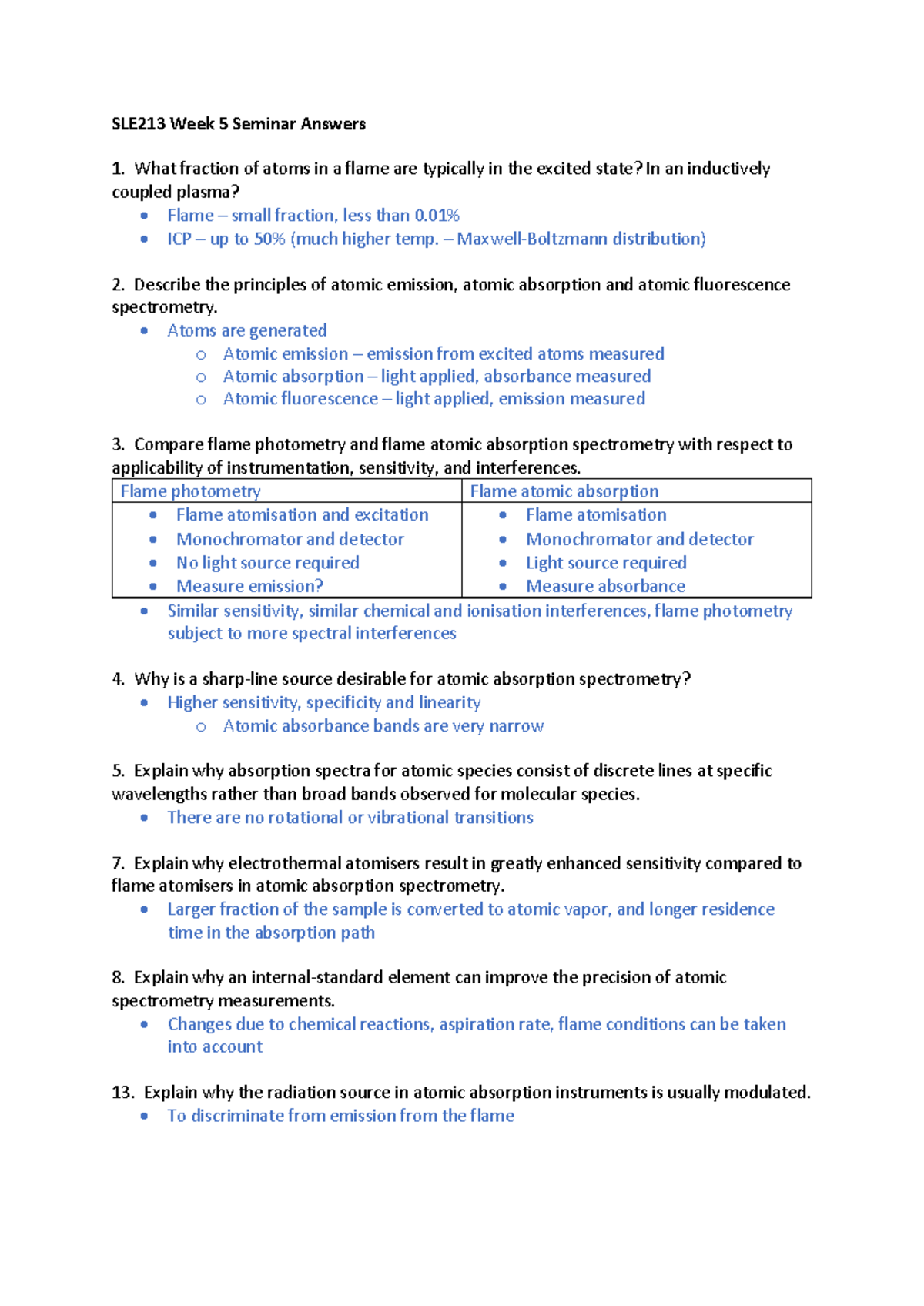 SLE213 Week 5 Seminar: Atomic Spectrometry Insights and Comparisons ...