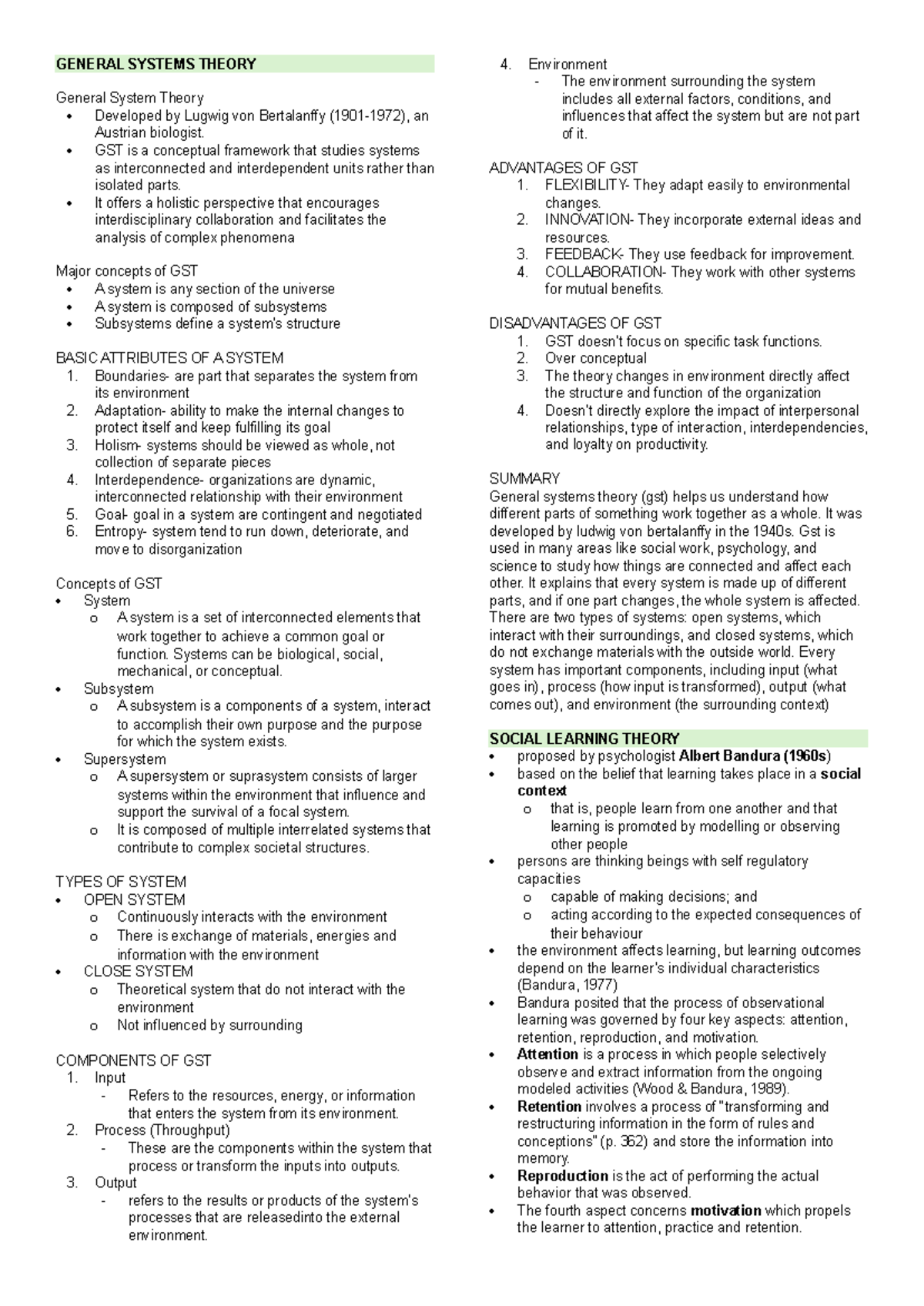 General Systems Theory and Social Learning Theory Overview (CPH) - Studocu