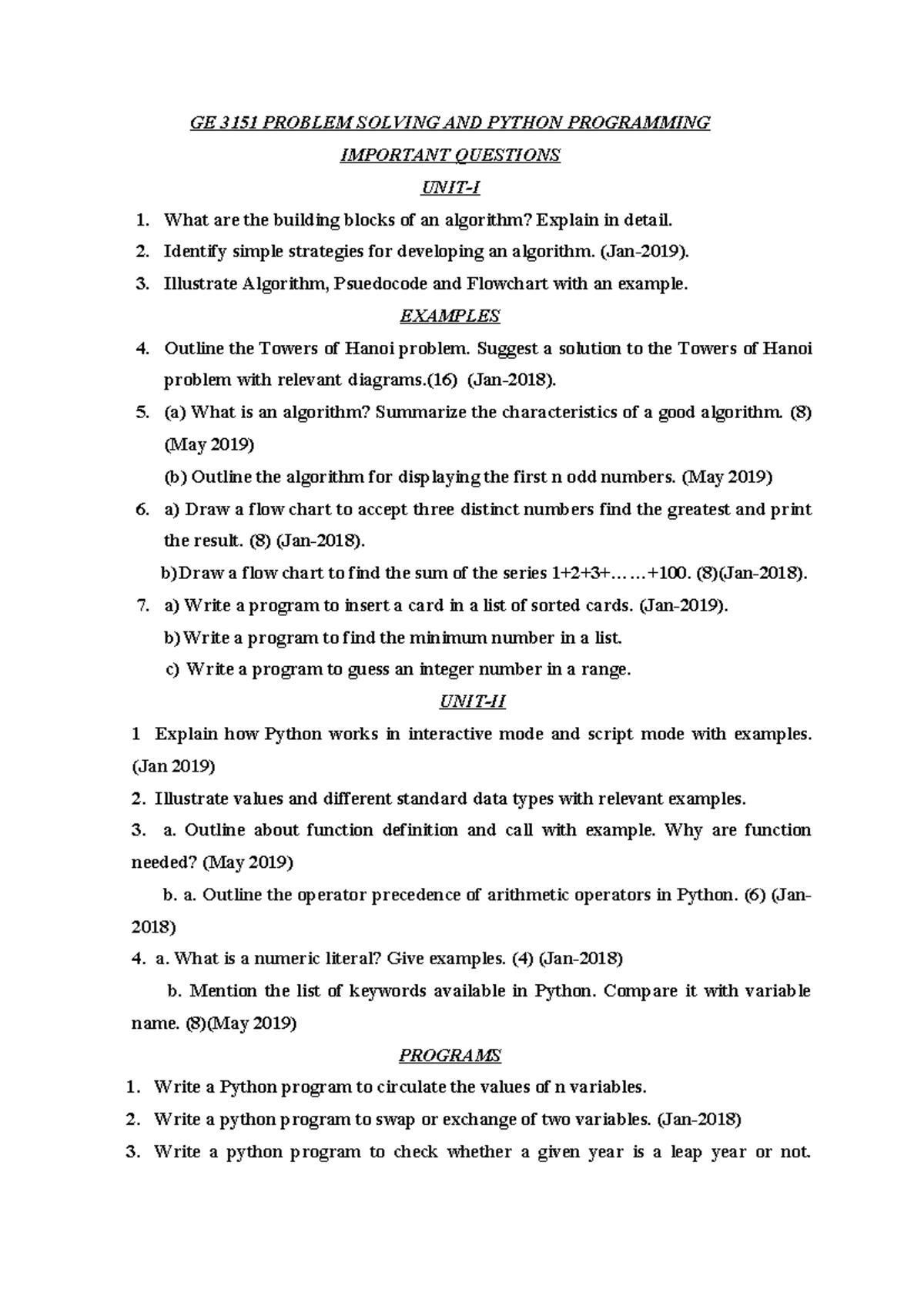 GE3151 Quesbank - Please give information - GE 3151 PROBLEM SOLVING AND ...