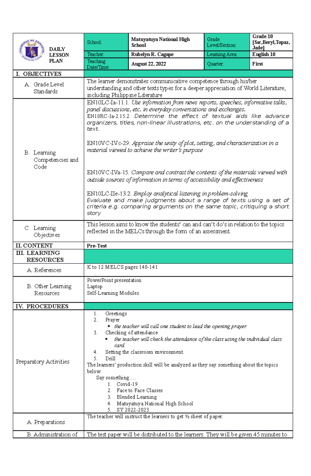 DLL English 10 First Quarter Lesson Plan Week 1 - Diagnostic Test - Studocu