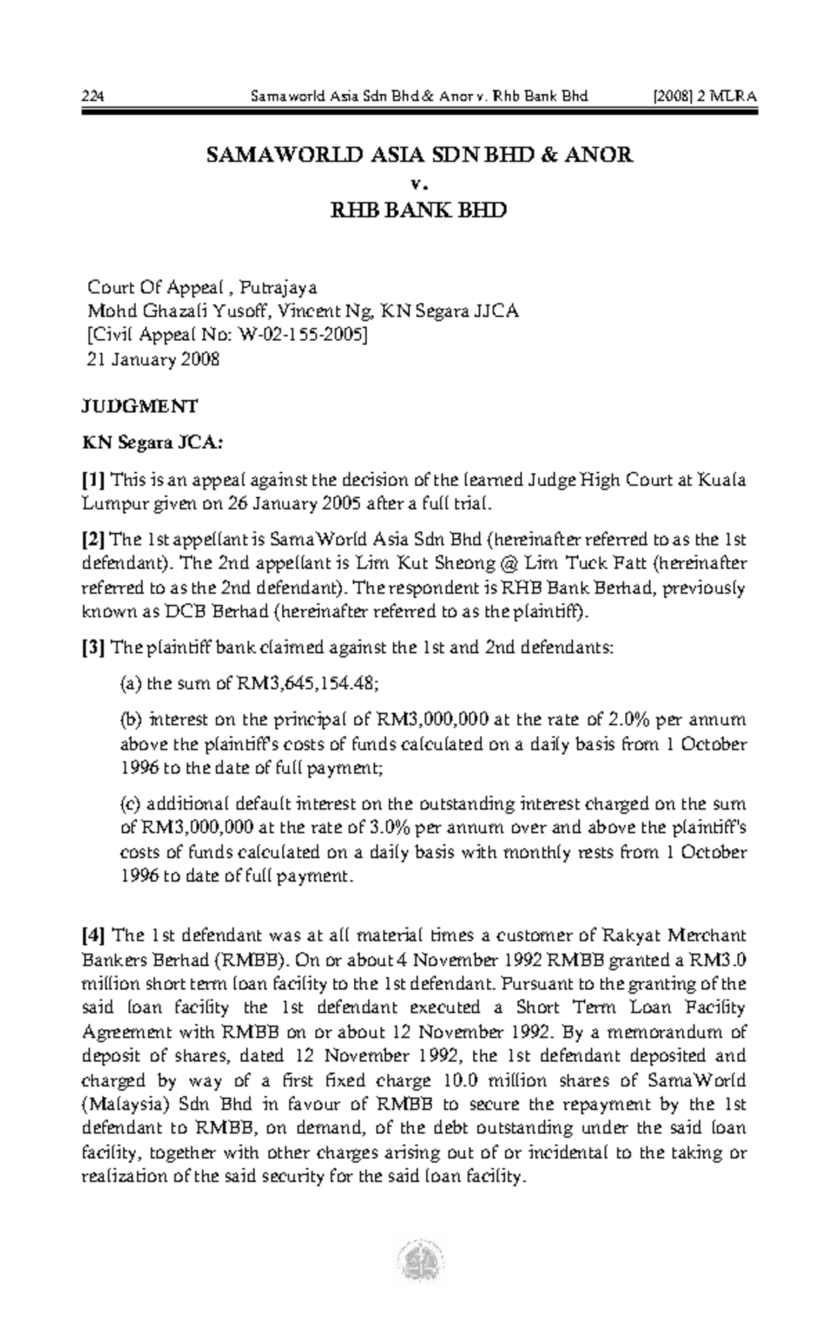 224 MLRA Samaworld Asia Sdn Bhd Anor v. RHB Bank Bhd Judgment Analysis ...