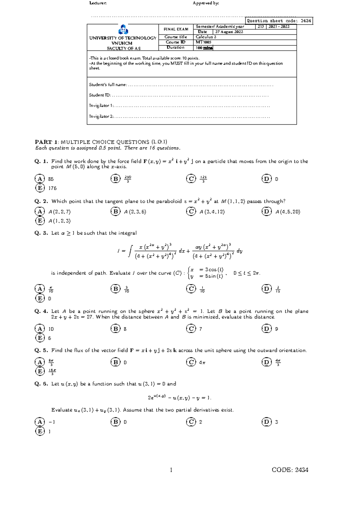Final Exam MT1005: Calculus 2 Question Sheet (Code: 2434) - Studocu
