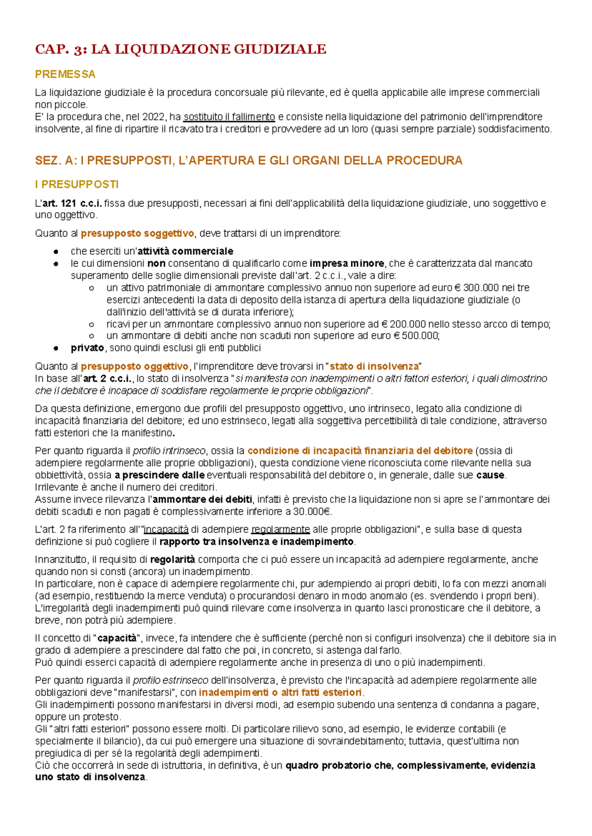 Riassunto CAP. 3: Liquidazione Giudiziale - Diritto Commerciale Cian