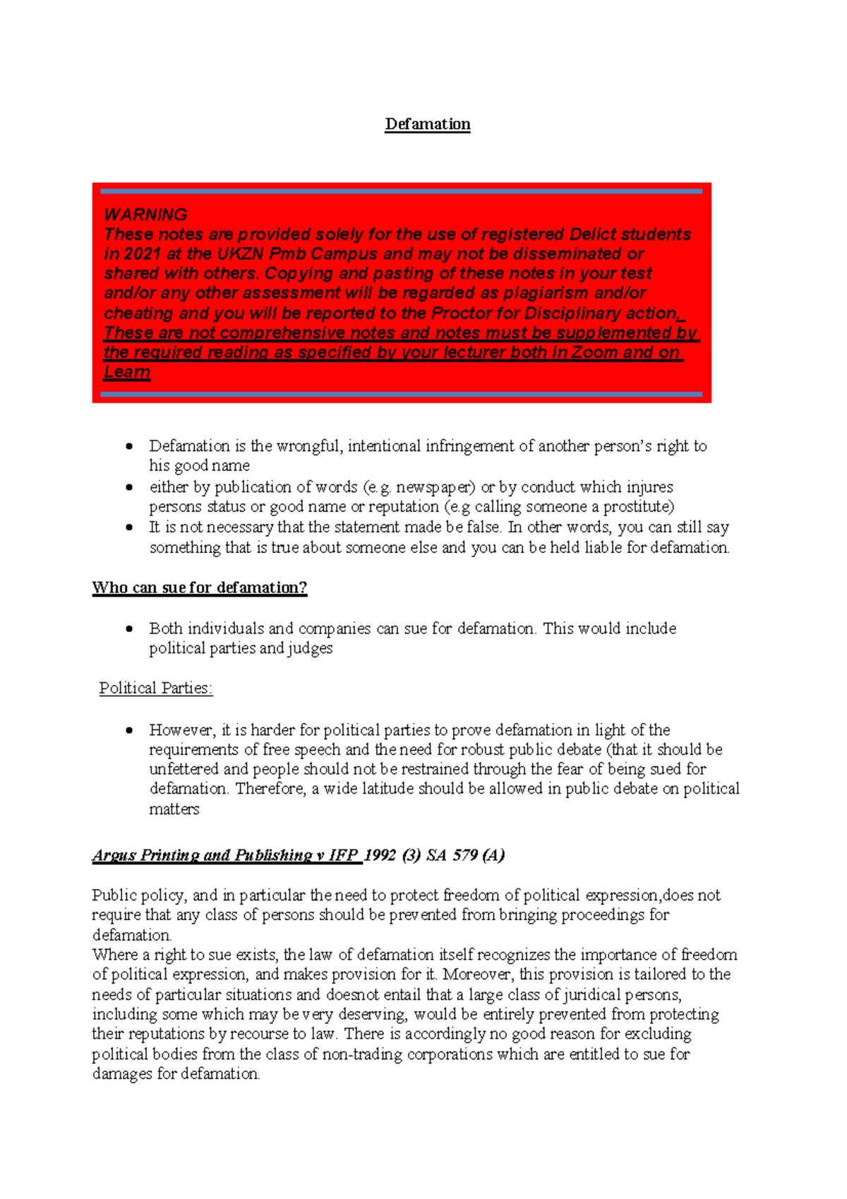 Delict 2021: Comprehensive Defamation Study Notes - Studocu