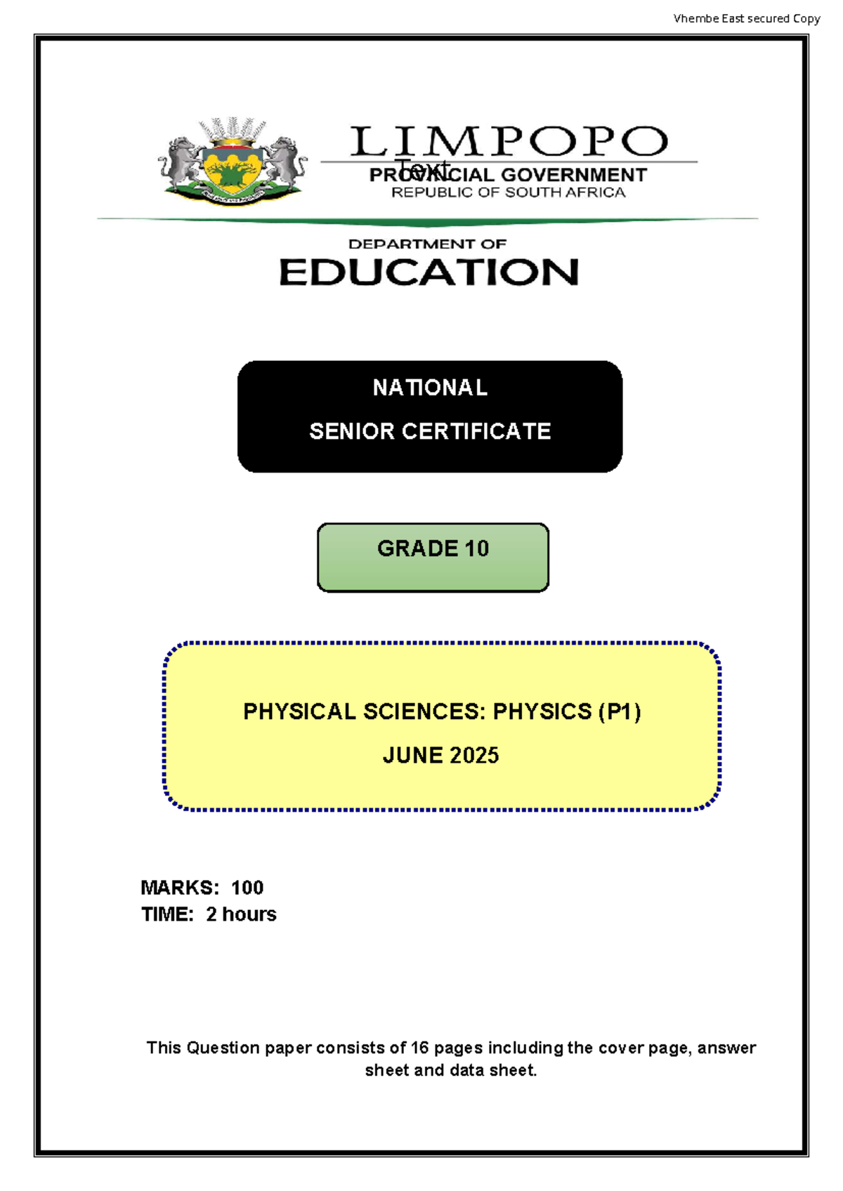 PHSC G10 Physics P1 June 2025 Exam Paper and Instructions - Studocu