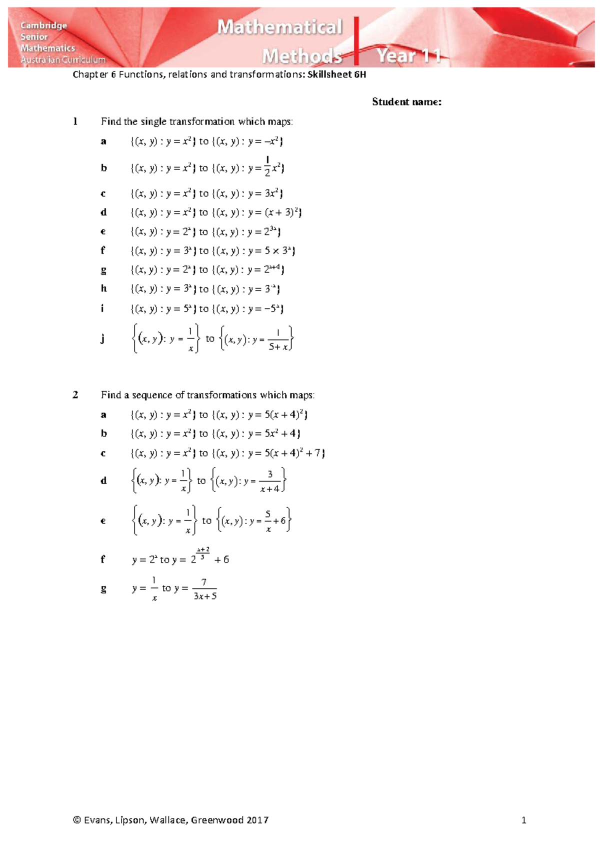 Chapter 6 Functions, Relations & Transformations: Skillsheet 6H Summary ...