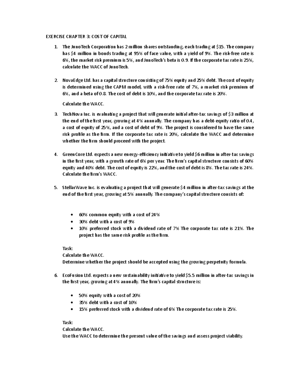 Exercise Chapter 3: Cost of Capital Analysis and WACC Calculations ...