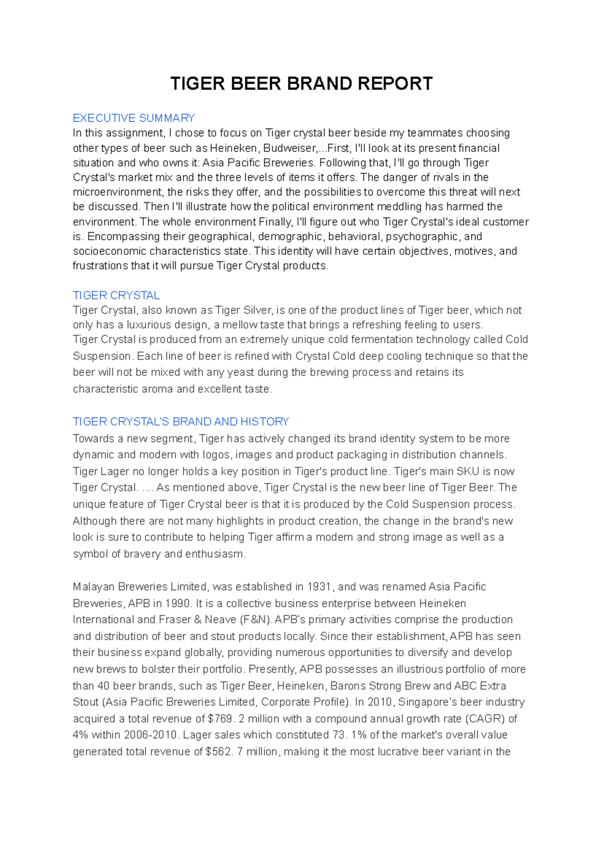 Tiger beer report - nothing - Introduction to Management - Studocu
