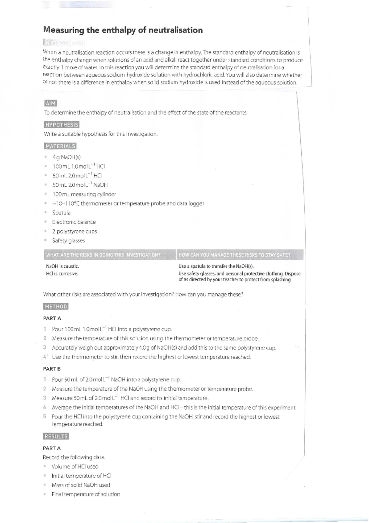 Heat of neutralisation experiment (1) - Measuring the enthalpy of ...