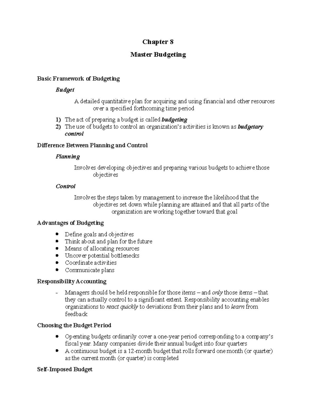 Chapter 8 - Lecture notes 10 - Chapter 8 Master Budgeting Basic ...