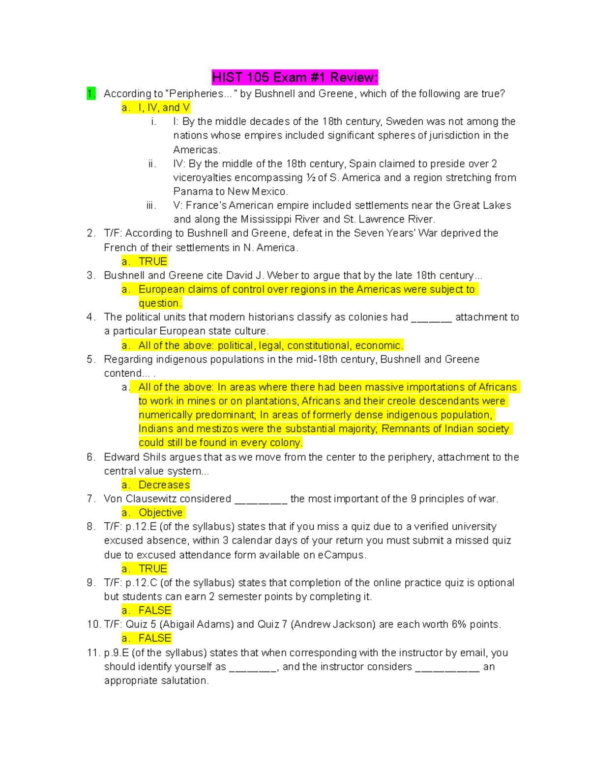 HIST 105 Midterm Exam Review: Key Topics and True/False Questions - Studocu