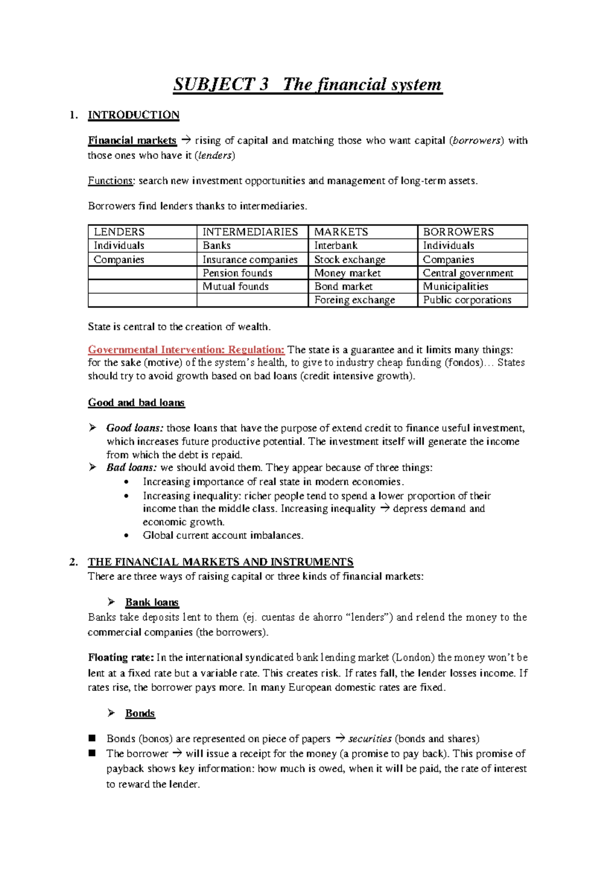 Subject 3 Resumen - SUBJECT 3 The financial system 1. INTRODUCTION ...