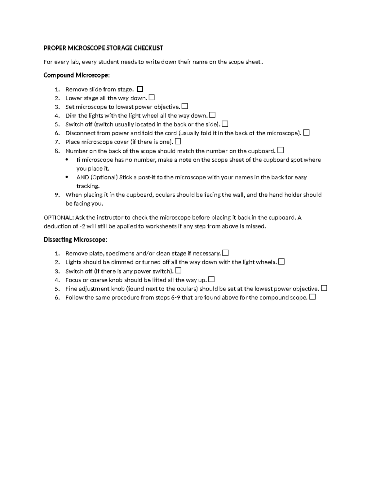 compound microscope storage and maintenance checklist