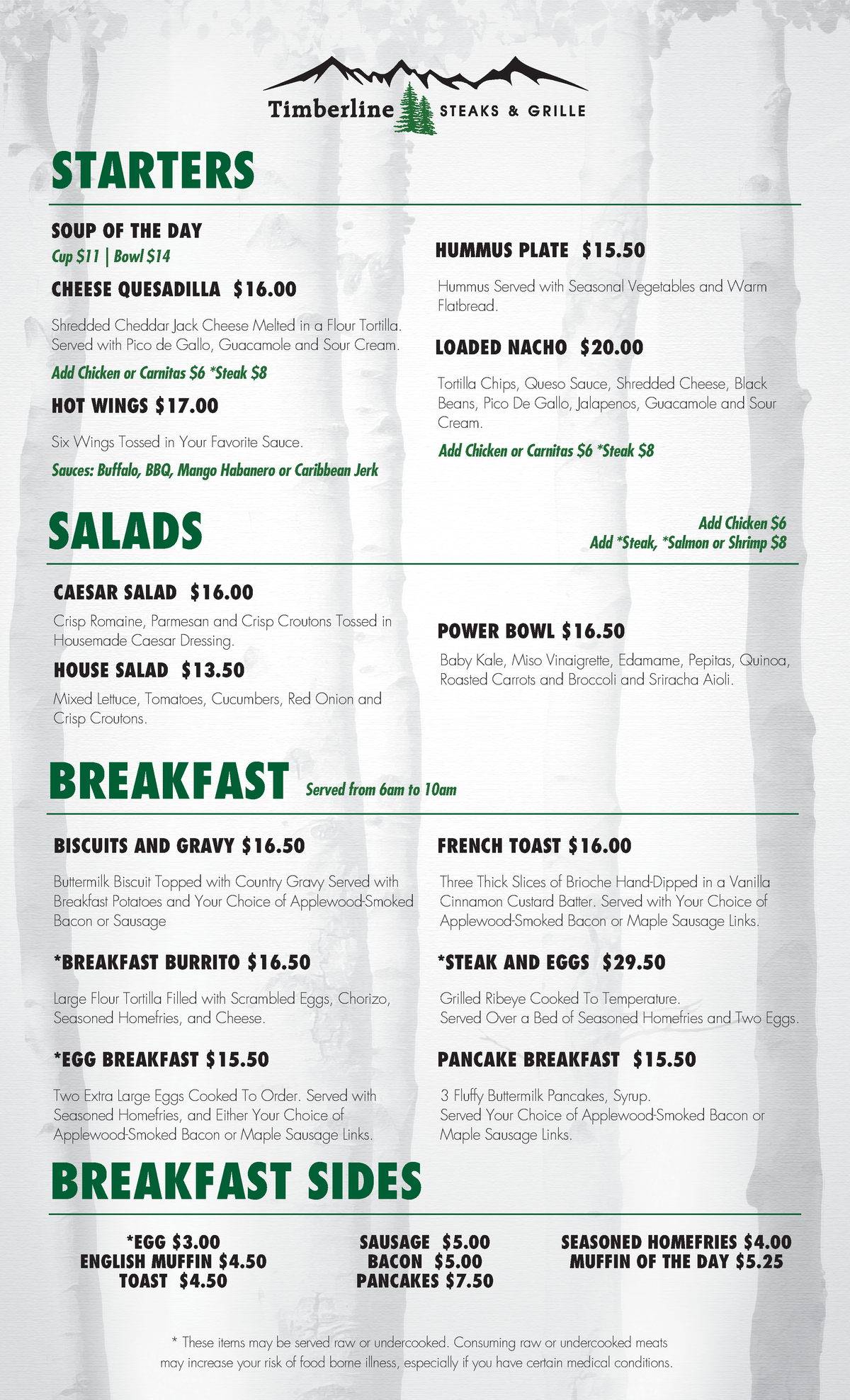Timberline QR Menu 032024 - SOUP OF THE DAY CHEESE QUESADILLA $16. HOT ...