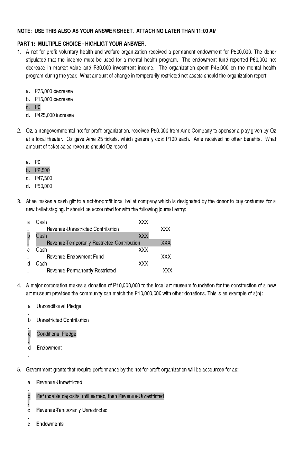 Non profit Organization - NOTE: USE THIS ALSO AS YOUR ANSWER SHEET ...