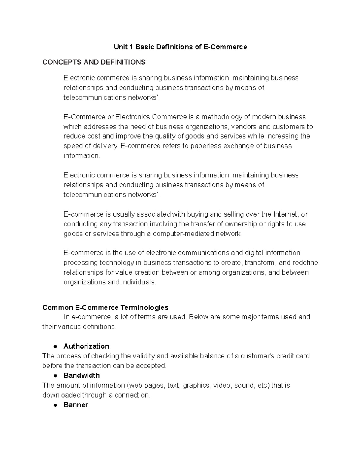 E-Commerce Lectures for 2nd Sem - Unit 1 Basic Definitions of E ...