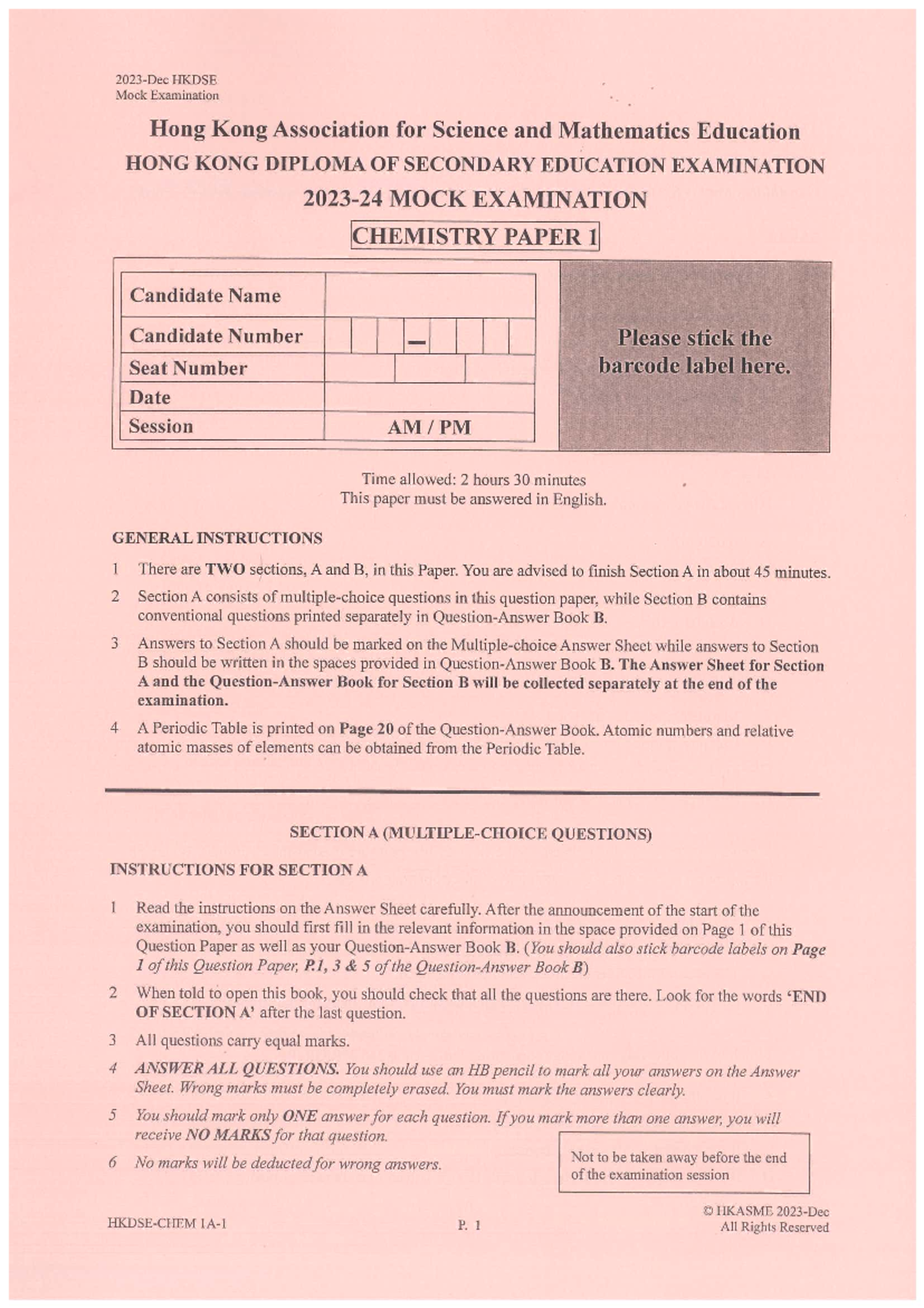 HKDSE Mock Exam Chemistry Paper 1 - HKASME 2024 - Studocu