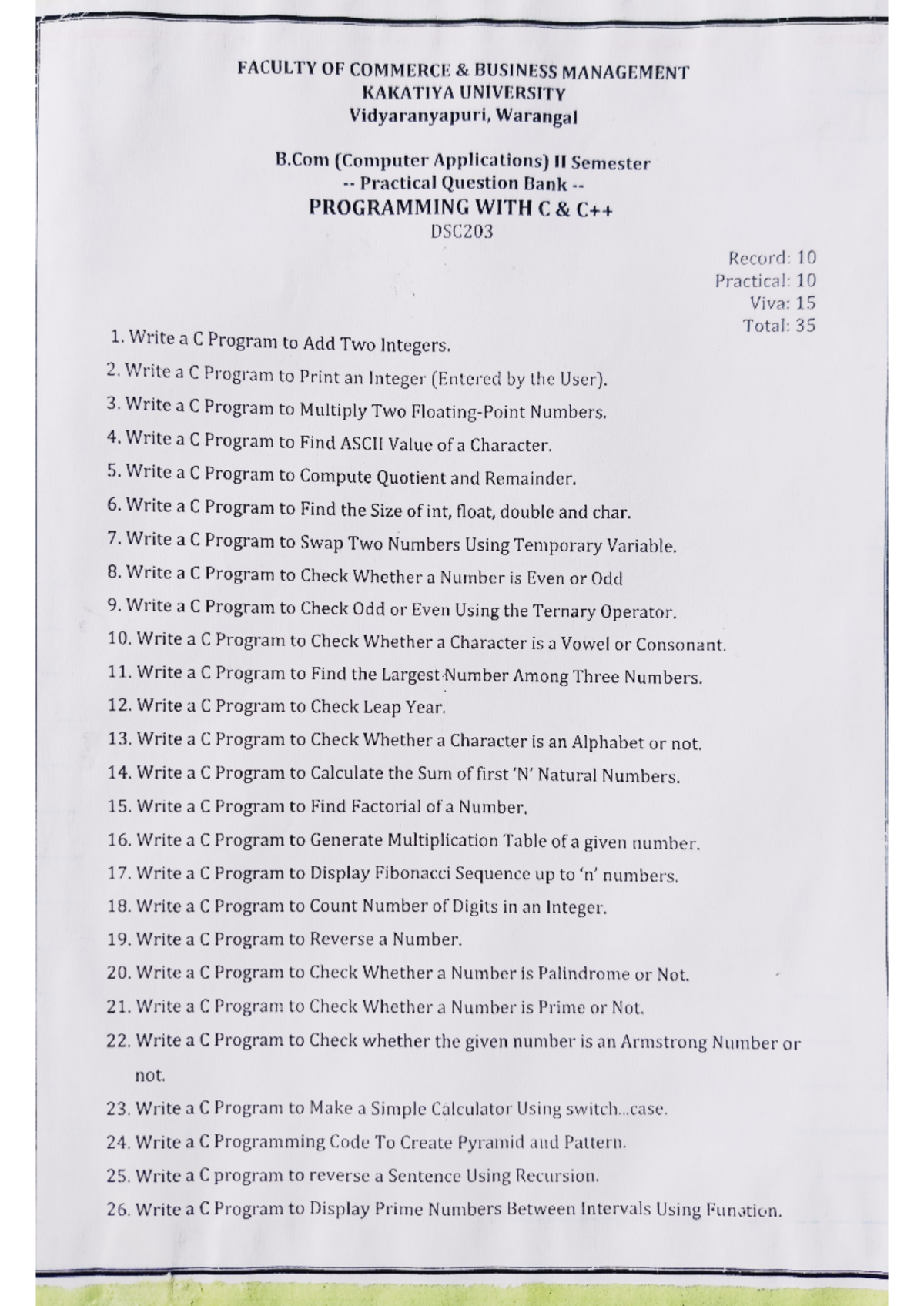 Practical Question Bank for DSC203: Programming with C & C++ BCom Sem ...