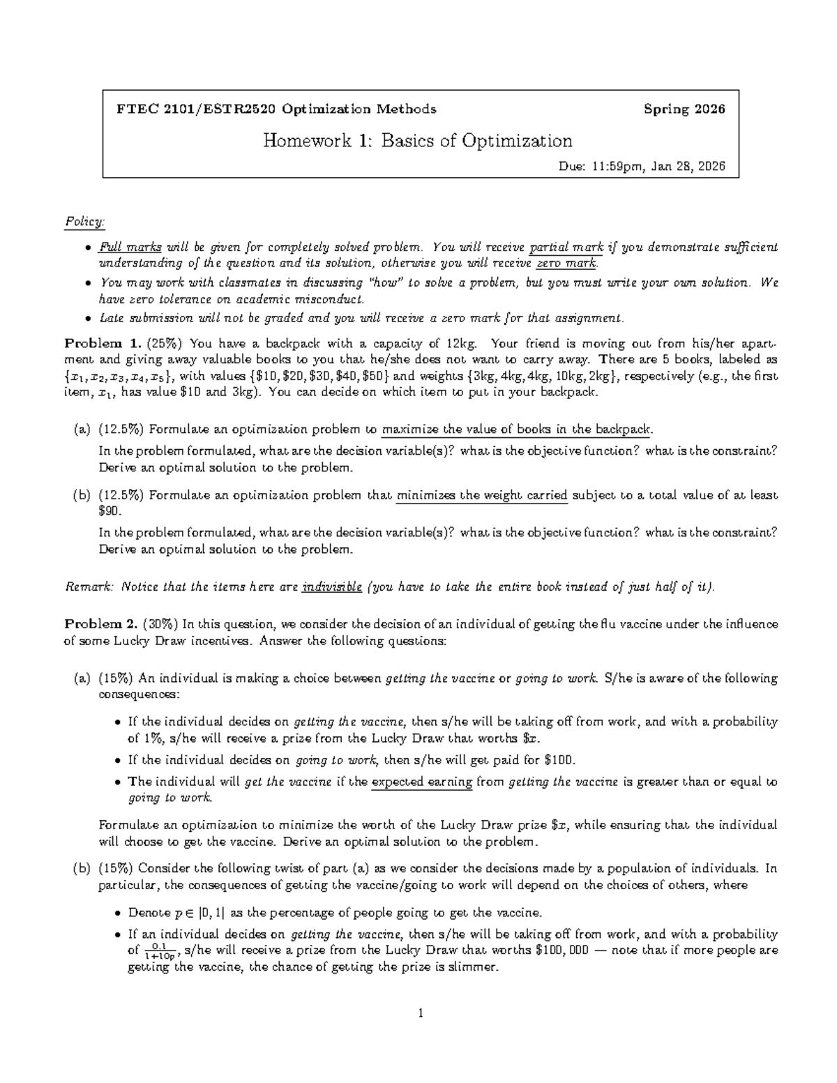 FTEC 2026 Homework 1: Basics of Optimization Techniques - Studocu