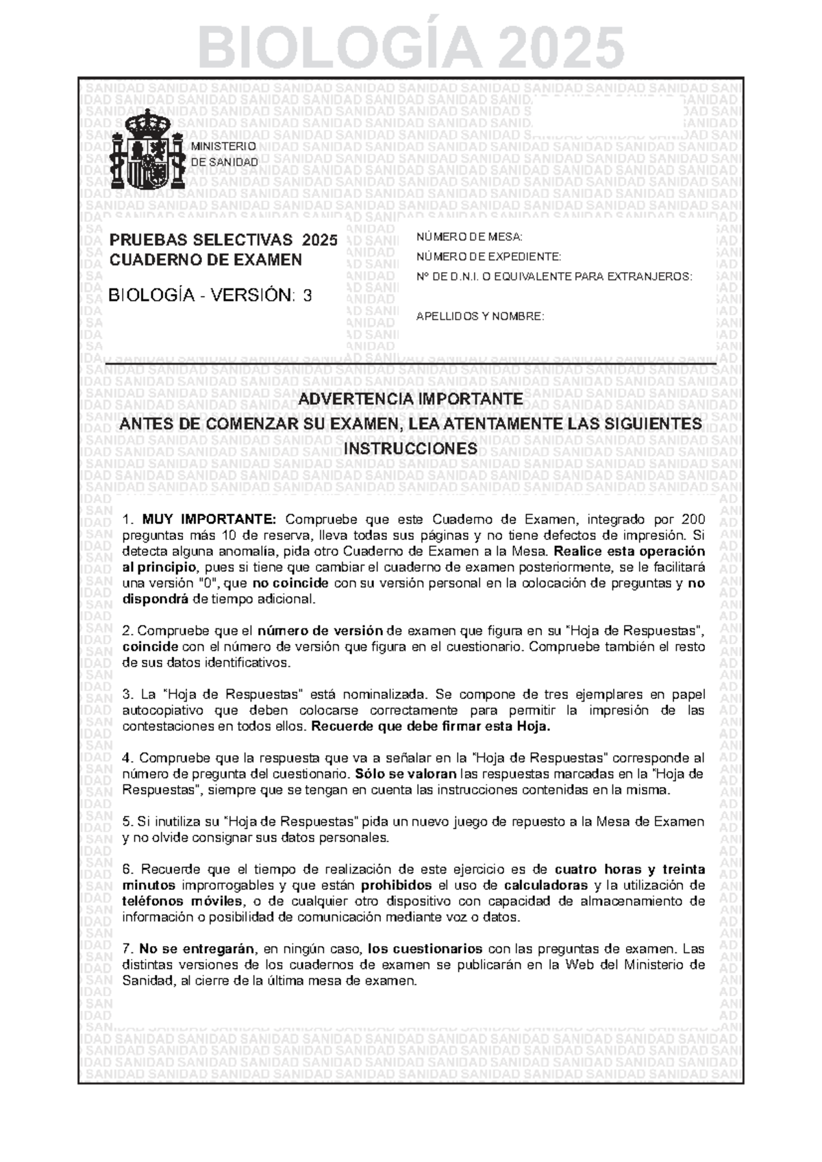 Cuaderno de Examen de Biología 2025 - Pruebas Selectivas B 3 C - Studocu