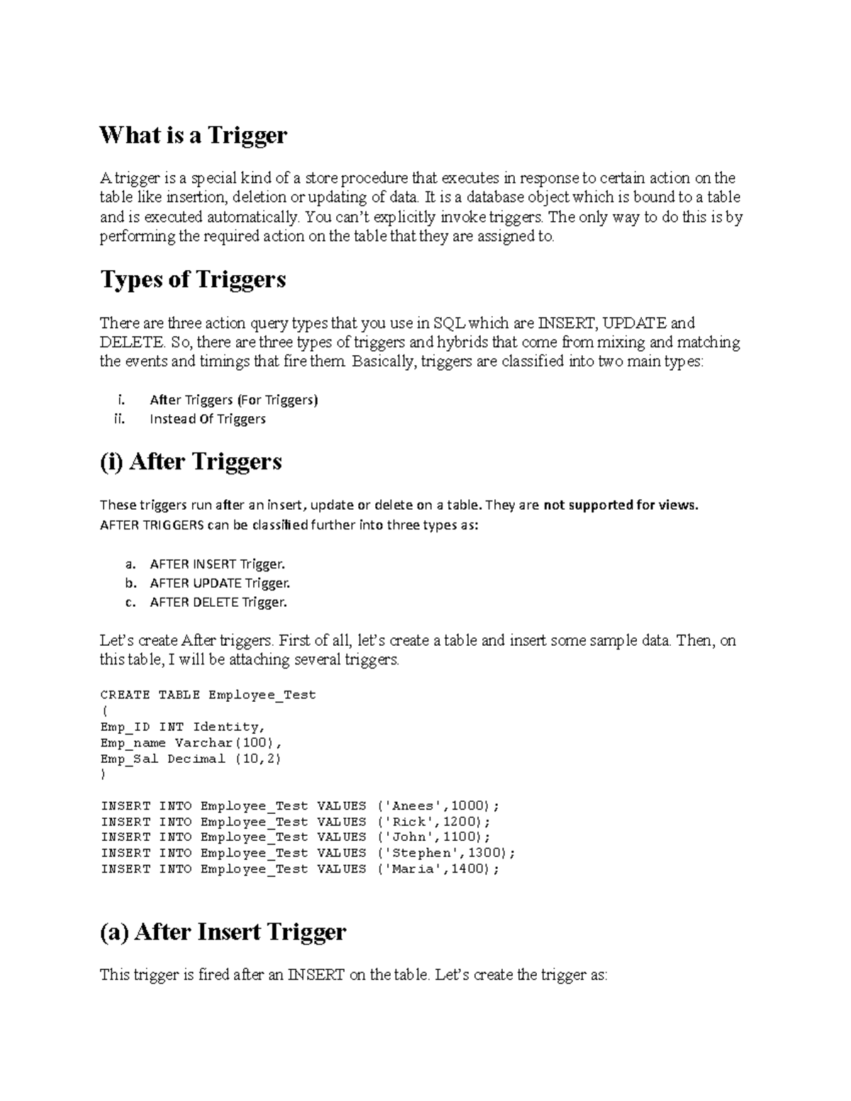 SQL Trigger Concepts and Implementation - Notes - Studocu