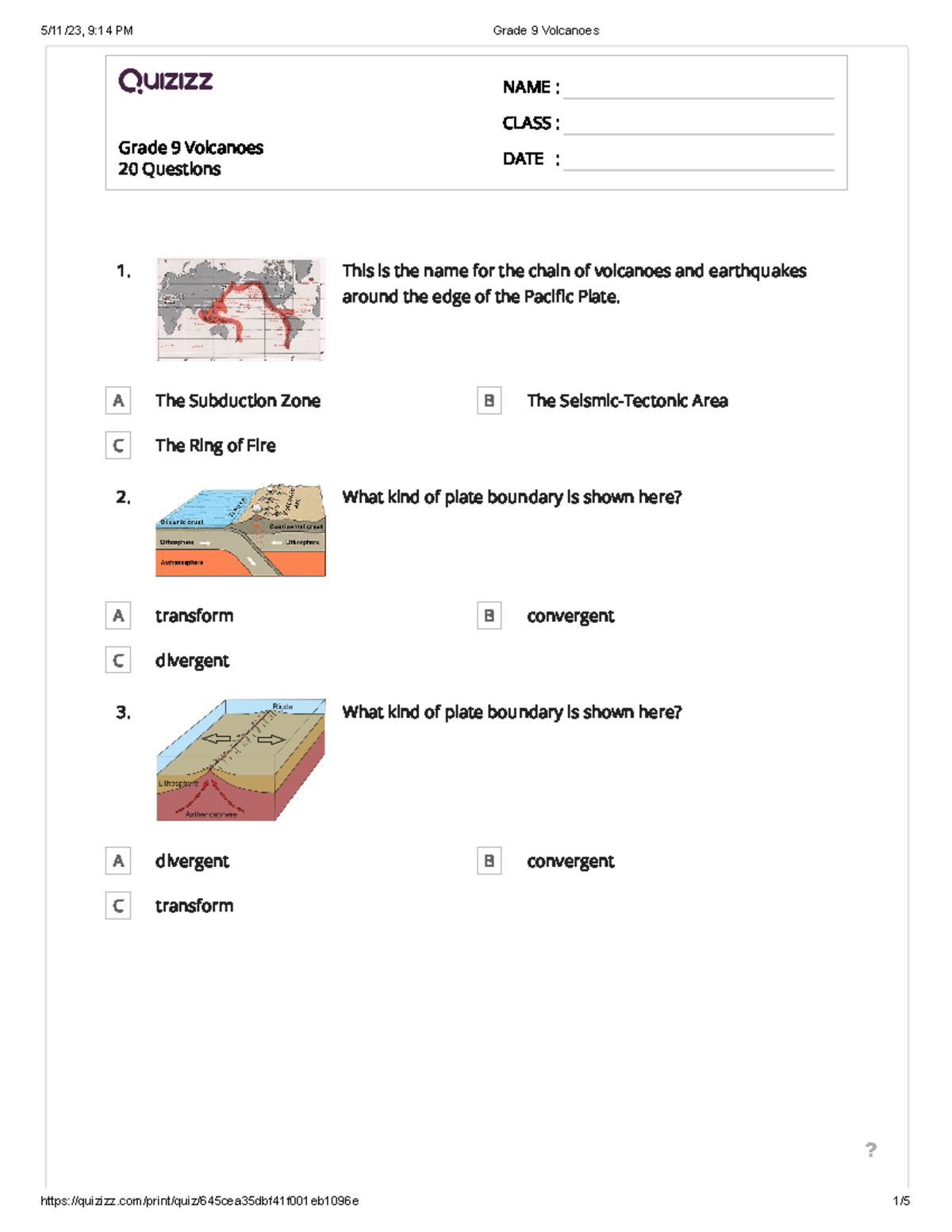 Volcanoes and its Kind - Grade 9 Volcanoes 20 Questions NAME : CLASS ...