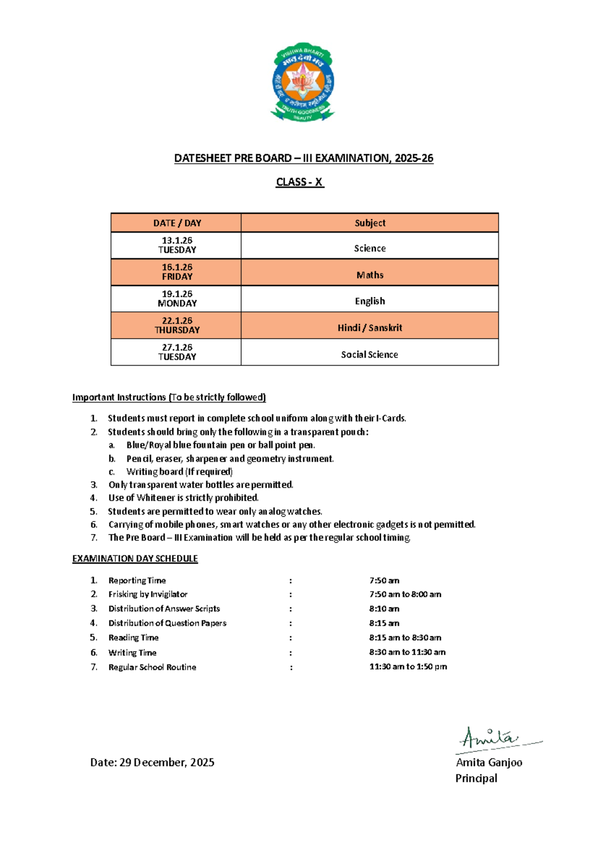 Class X Pre Board Exam Datesheet - III, 2025-26 - Studocu