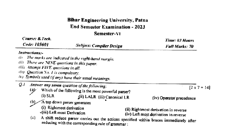 B. Tech 6th Sem Compiler Design Exam Paper 105601 - 2023 - Studocu