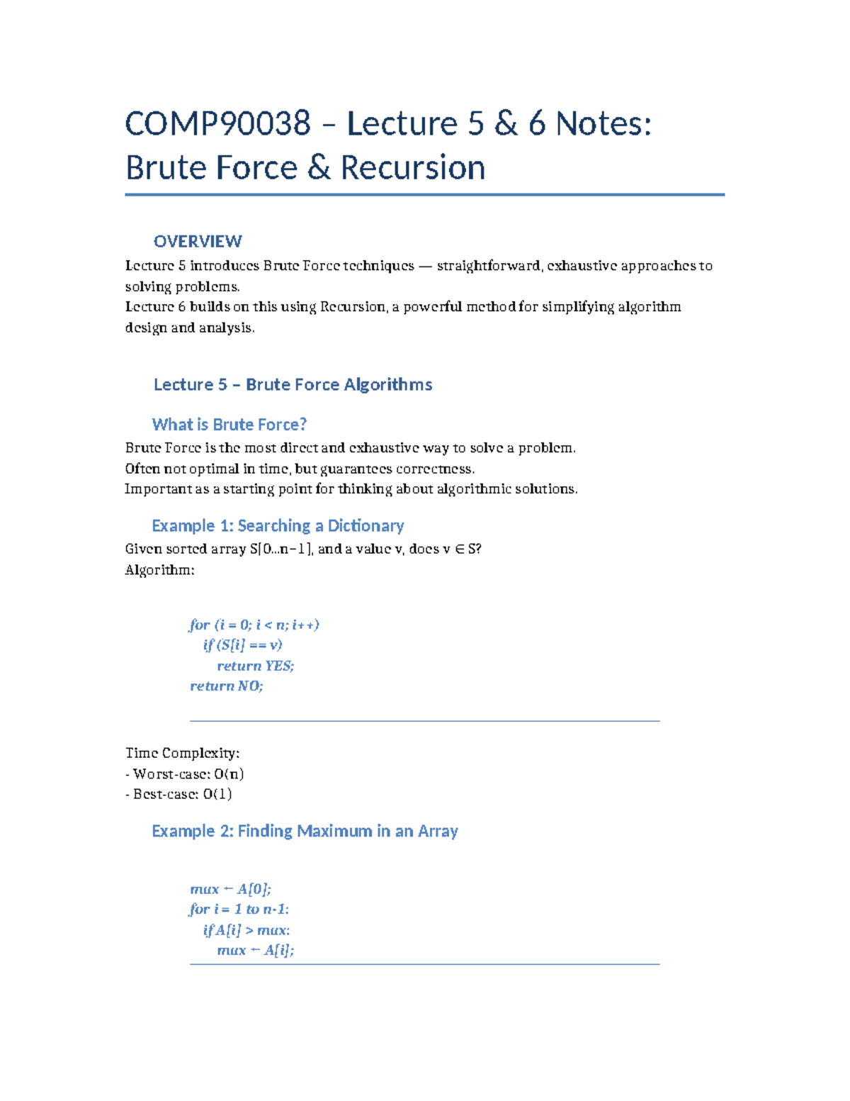 COMP90038 Lecture 5 & 6 Notes: Brute Force & Recursion Overview - Studocu