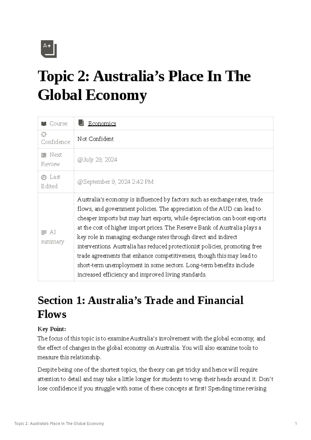 Eco 3 - Comprehensive Economics Course Notes on Australia’s Global Role ...